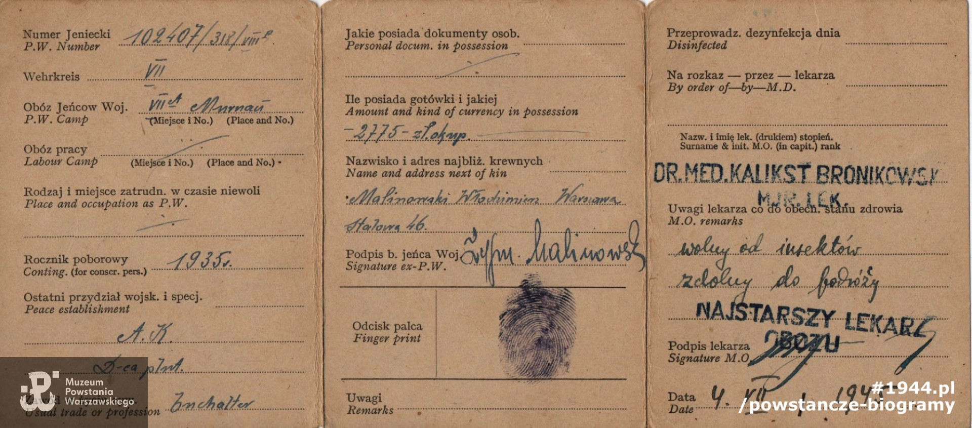 Legitymacja byłego jeńca wojennego. Ze zbiorów rodzinnych p. Ryszarda Malinowskiego.