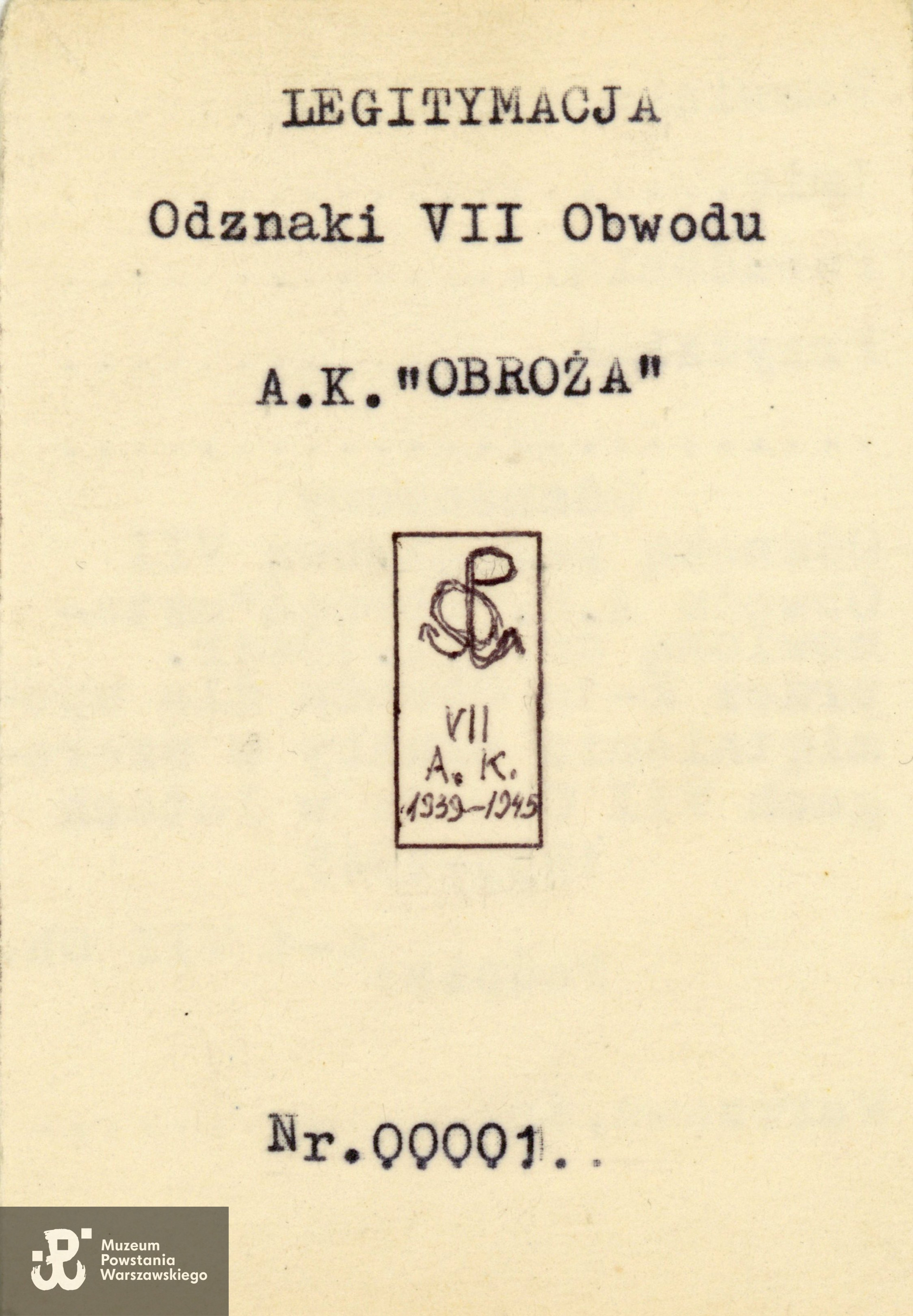 Legitymacja Odznaki  Pamiątkowej VII Obwodu AK "Obroża". Zbiory rodzinne, udostępniła  córka, p. Izabela Rola z domu Załoga