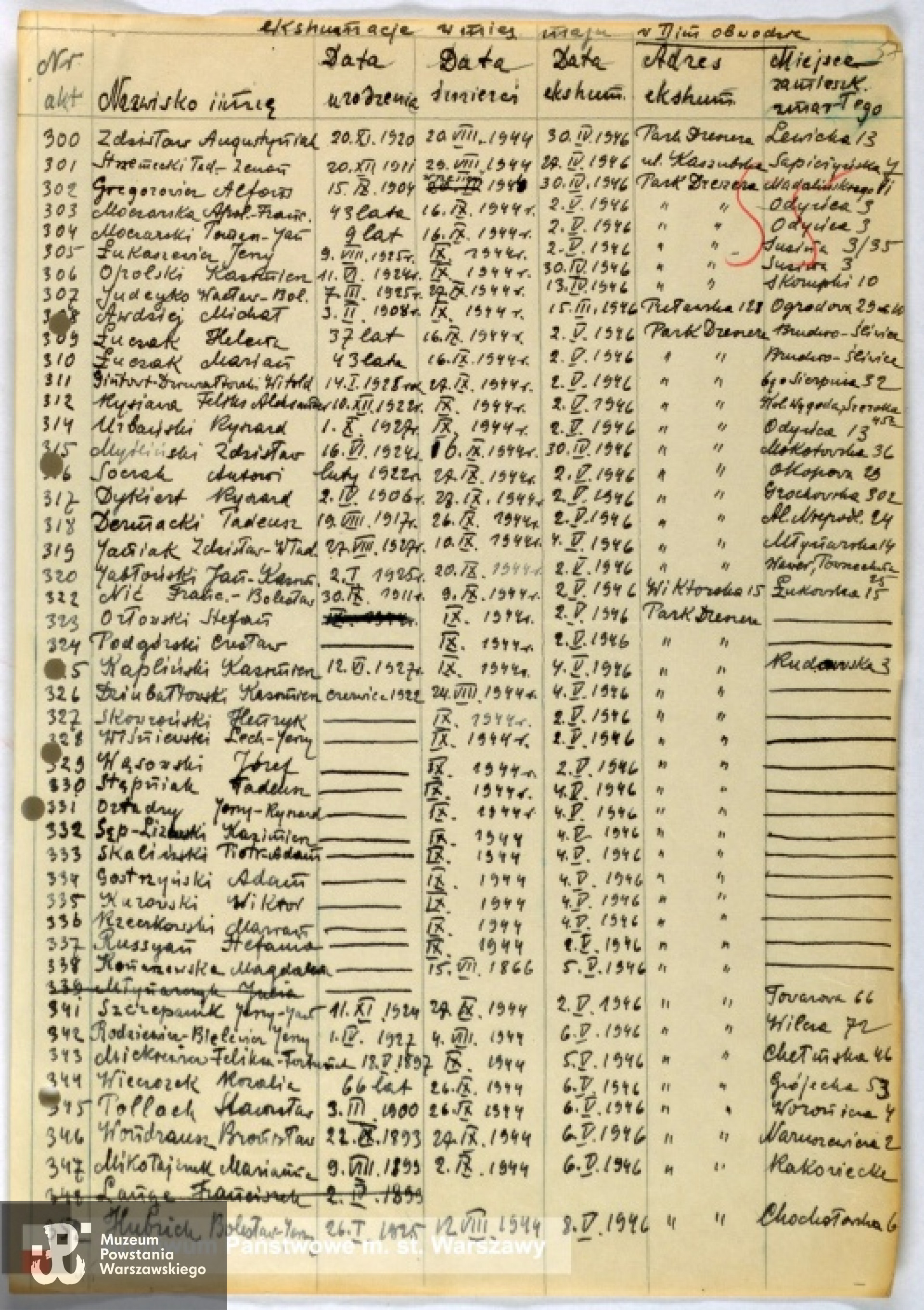 Lista ekshumacyjna ze zbiorów Archiwum Państwowego