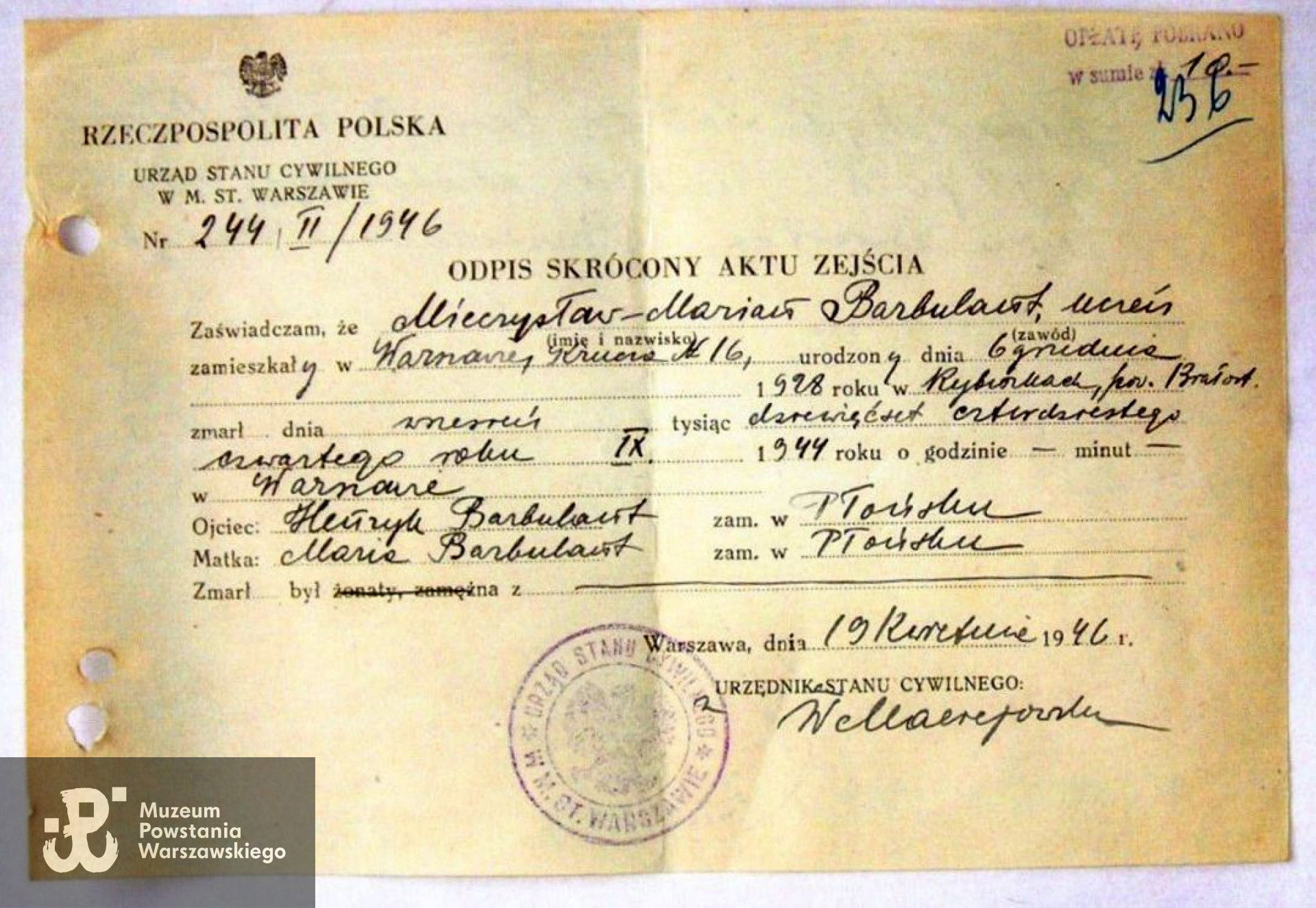 Zarząd Cmentarzy Komunalnych - Powązki Wojskowe, Księga Pochowań, 1946 rok