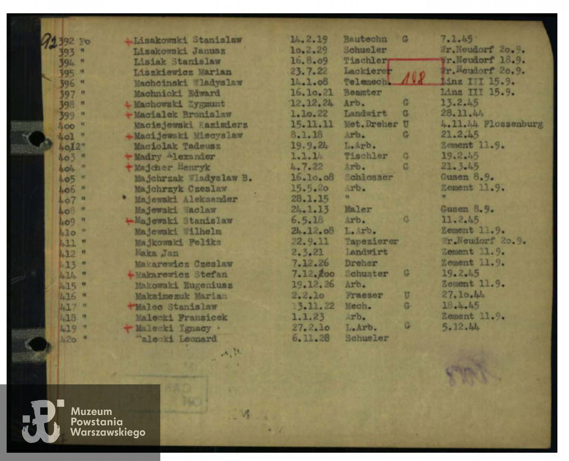 Lista transportowa więźniów przybyłych do KL  Mauthausen, Archiwum Arolsen