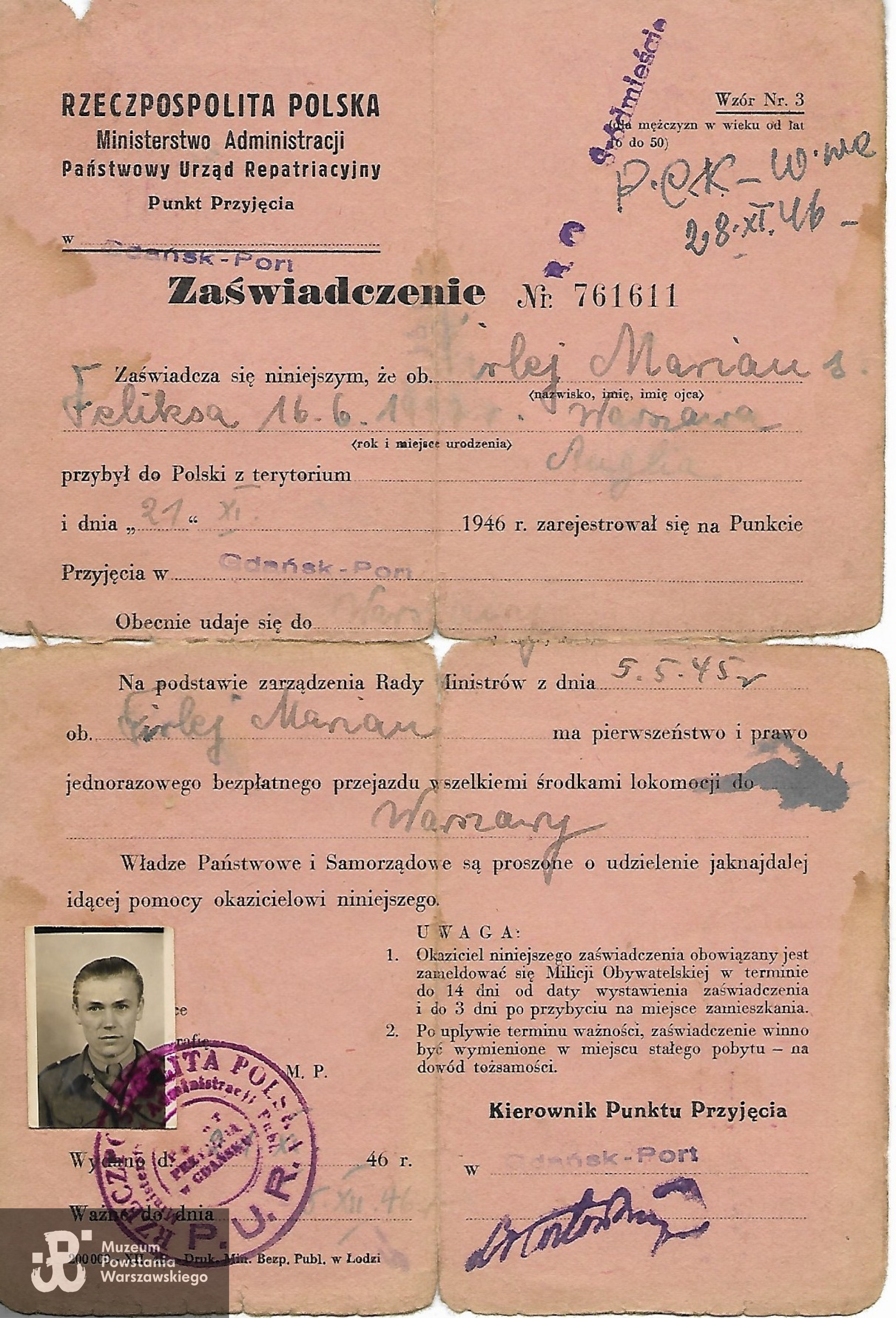 Zaświadczenie PUR. Z archiwum rodzinnego udostępnił p. Rafał Romanowicz