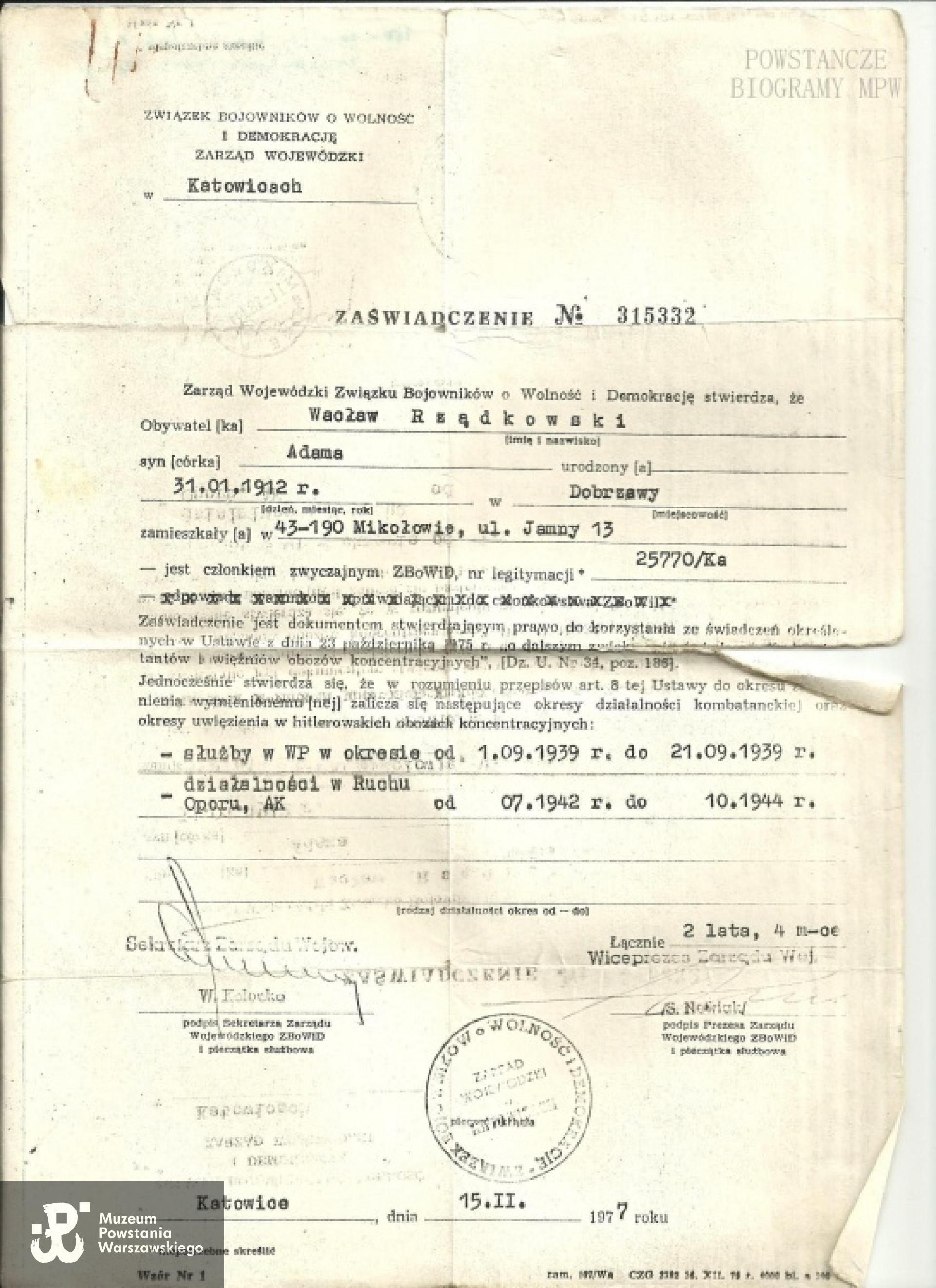 Zaświadczenie ZBoWiD. Z archiwum rodzinnego żony.