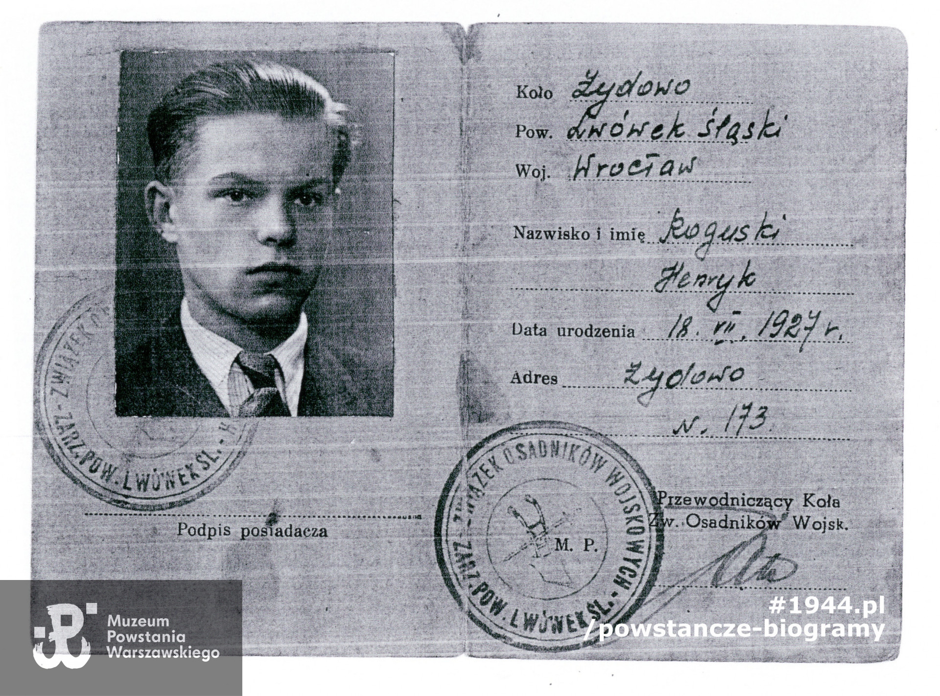 Legitymacja Członkowska Związku Osadników Wojskowych na Ziemiach Odzyskanych. Kopie dokumentów udostępnione przez bratową, p. Józefę Roguską