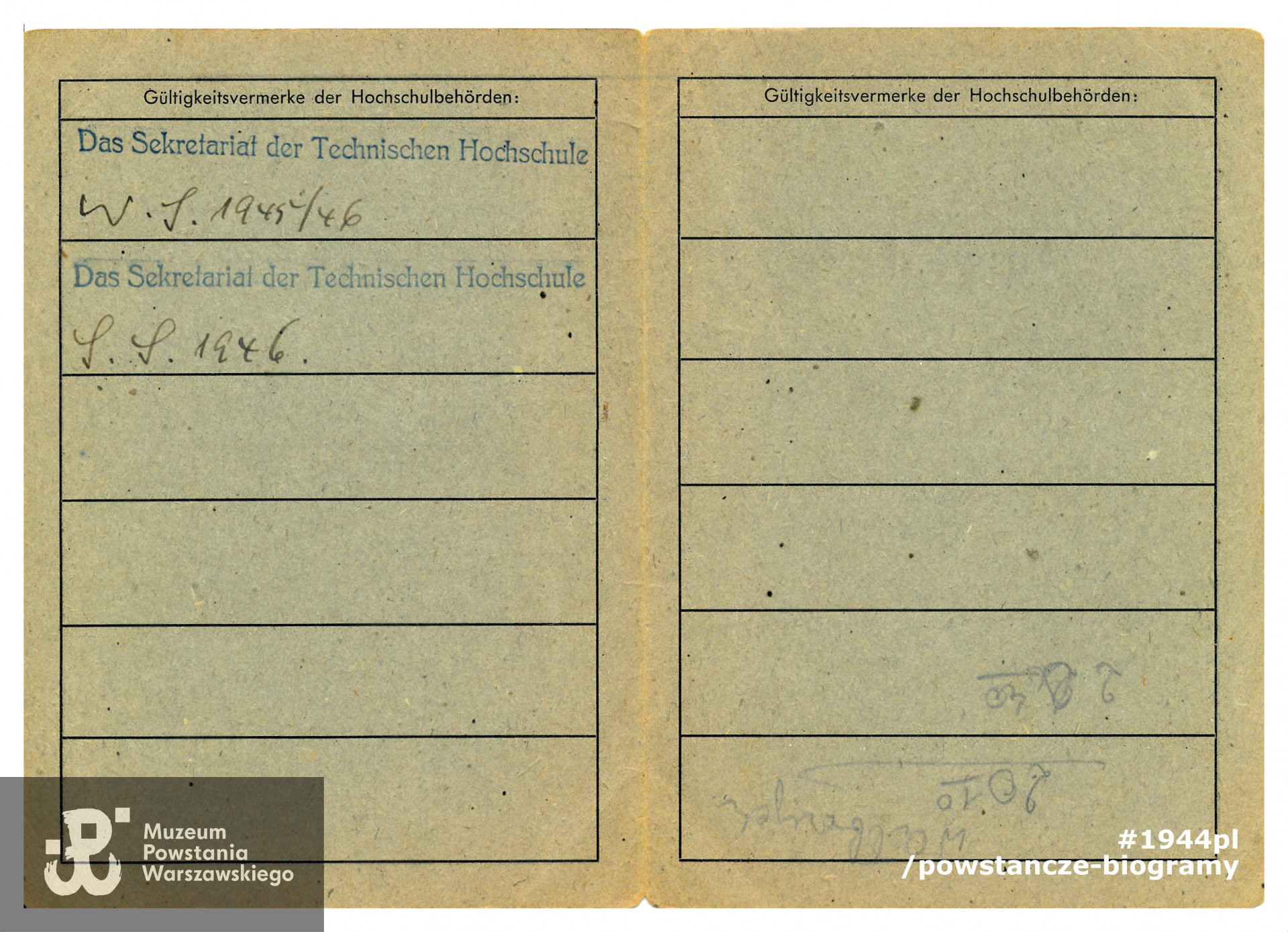 Ausweiskarte z okresu studiów w Niemczech na  kierunku Architektura. Dokument datowany na 14.12.1945 r. 