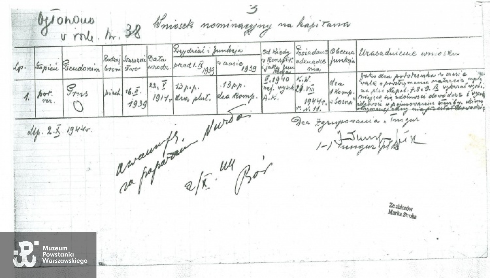 Wniosek nominacyjny na kapitana, 2.10.1944. Ze zbiorów Marka Stroka / MPW