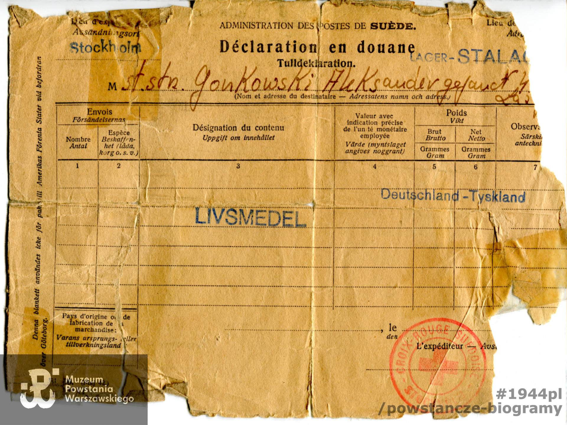 Karta na pobranie paczki Szwedzkiego Czerwonego Krzyża (awers), ze zbiorów Muzeum Powstania Warszawskiego sygnatura P/4266