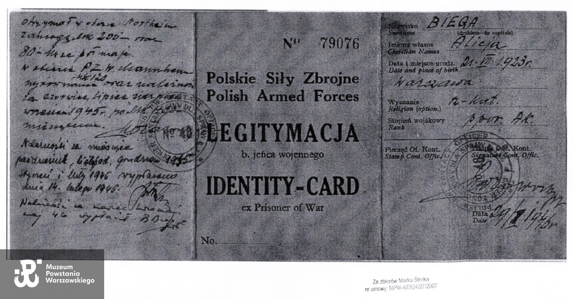Kserokopia Legitymacji Byłego Jeńca Wojennego.  Źródło: Teczki personalne uczestników Powstania Warszawskiego: Treutler-Biega Alicja