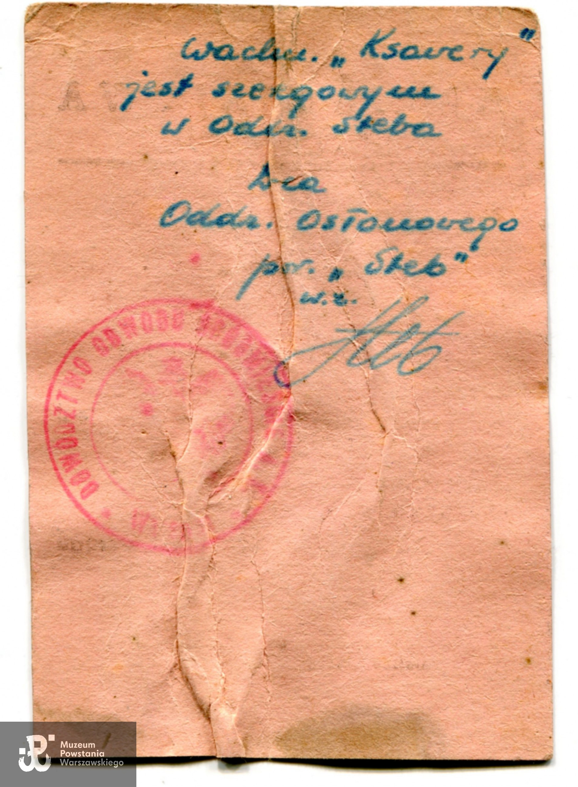 Legitymacja Armii Krajowej nr  120128 należąca do st. wachmistrza "Ksawerego" - Rocha Kafarowskiego. Źr. teczki personalne uczestników Powstania Warszawskiego - materiały do Słownika Uczestników PW, Pokój Kombatanta MPW