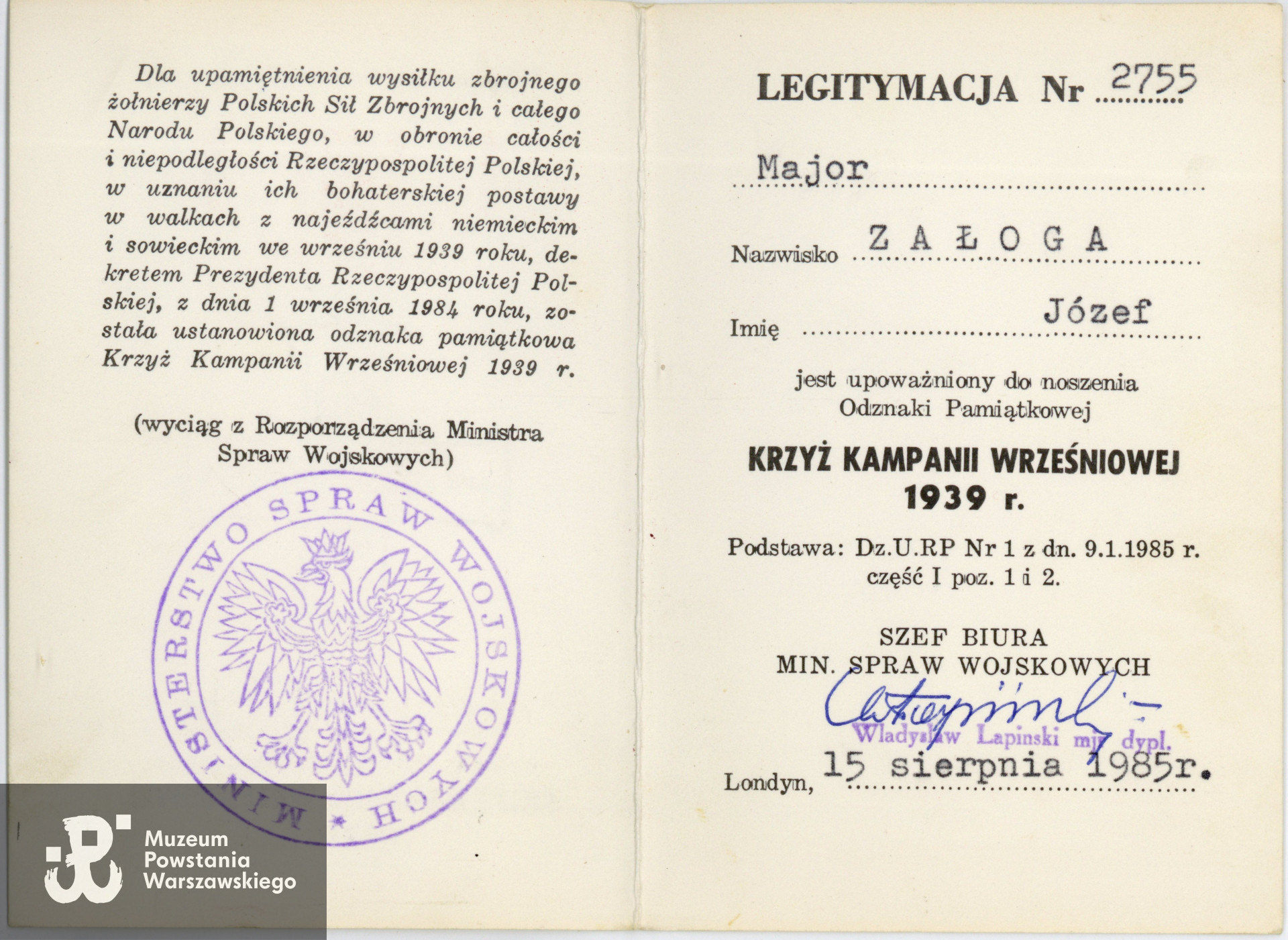 Legitymacja odznaczeniowa - Odznaka Pamiątkowa Krzyża Kampanii Wrześniowej 1939. Zbiory rodzinne, udostępniła  córka, p. Izabela Rola z domu Załoga