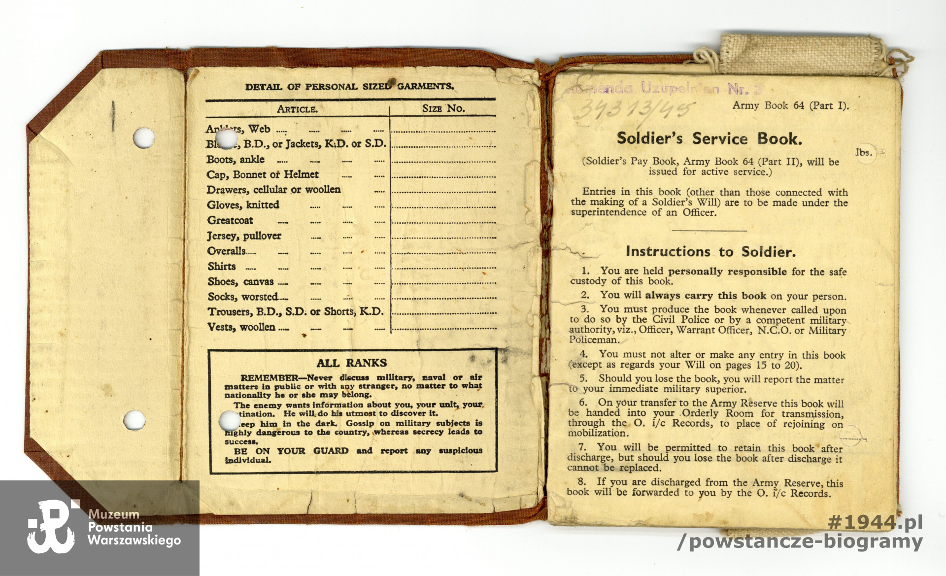 Soldier's Service and Pay Book (książeczka żołnierska i książeczka żołdu). Z archiwum rodzinnego, udostępnił p. Piotr Gosk