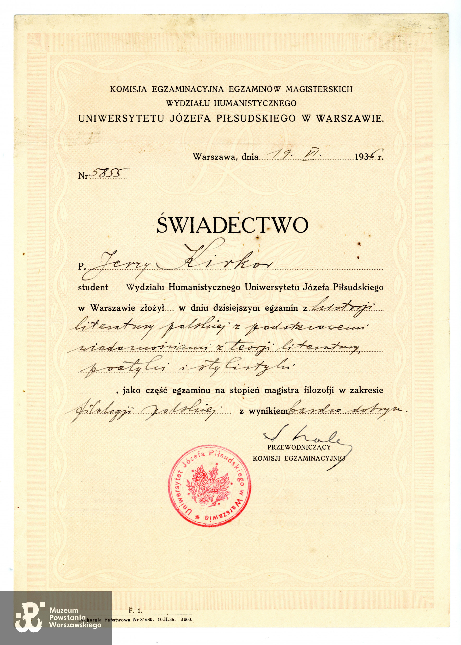 Dokument ze zbiorów rodzinnych, w imieniu Mamy, p. Joanny Wymann, udostępniła p. Helena Schaer, wnuczka Haliny Kirkor