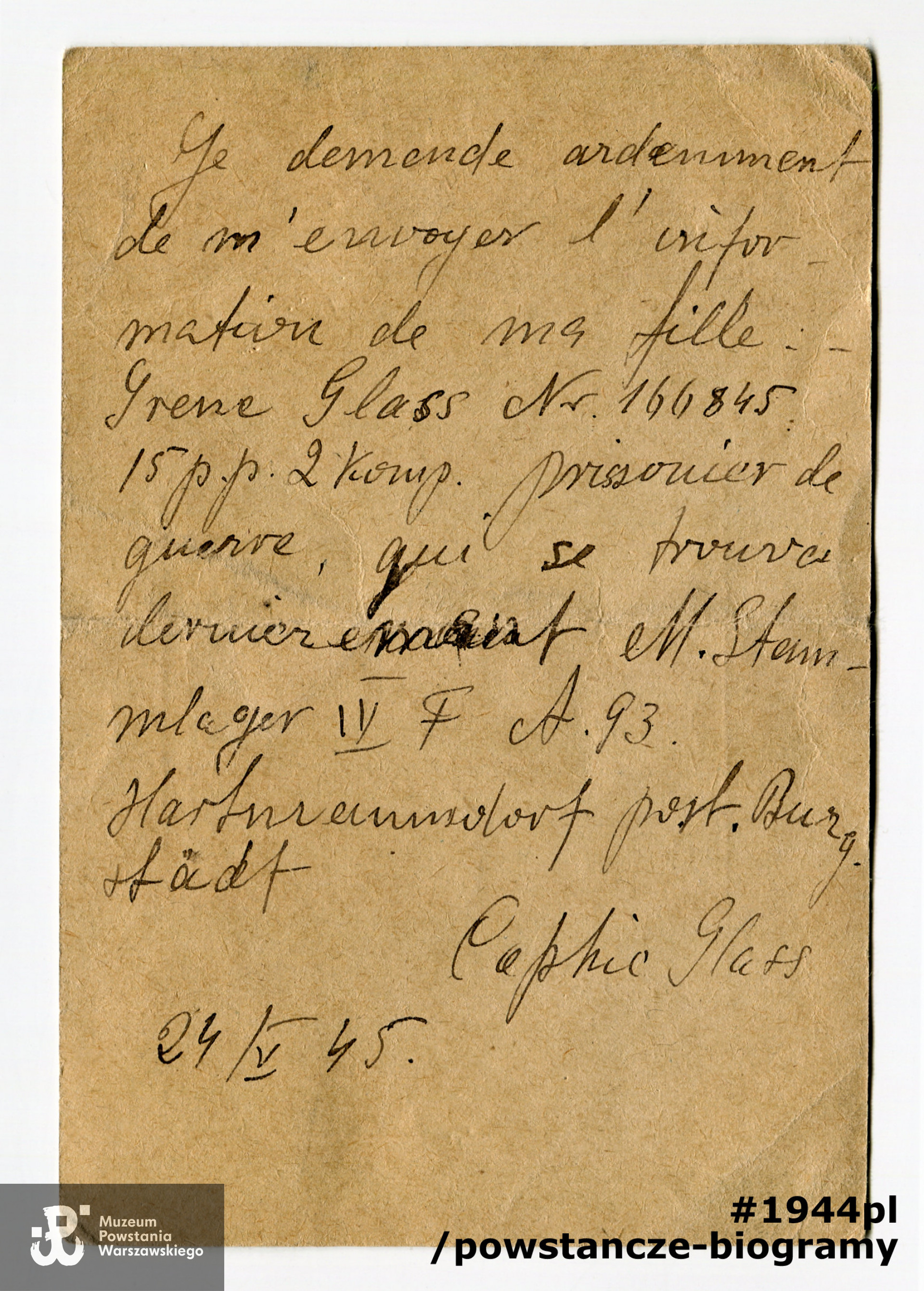 Dok. ze spuścizny po  Pani Irenie Glass,  udostępniła  p. Monika Pakuła. Skany wykonano w Muzeum Powstania Warszawskiego w październiku 2021 r.