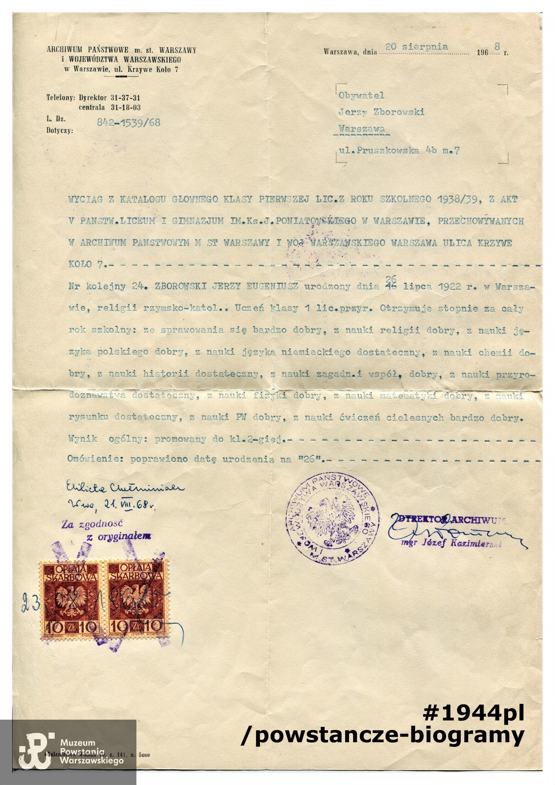 Dokument ze zbiorów  rodzinnych p. Krystyny Zborowskiej - Nurek 