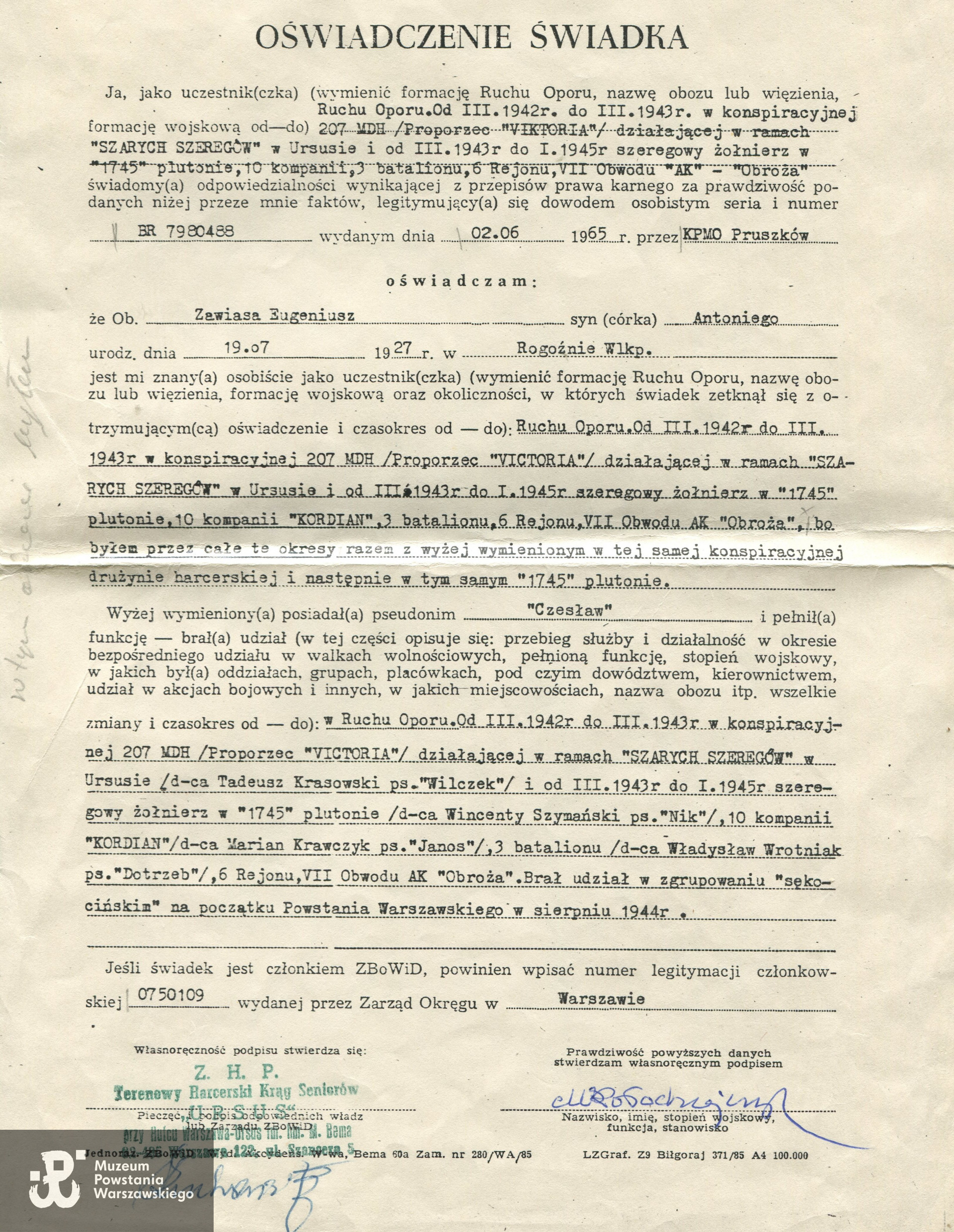 Oświadczenie  o wspólnym udziale w konspiracji wystawione przez Macieja Kołodziejczyka dla  <a href= eugeniusz-zawiasa,55934.html> Eugeniusza Zawiasy ps. „Czesław”</a> -  ZBoWiD, Okręg Warszawa, 12.04.1988.