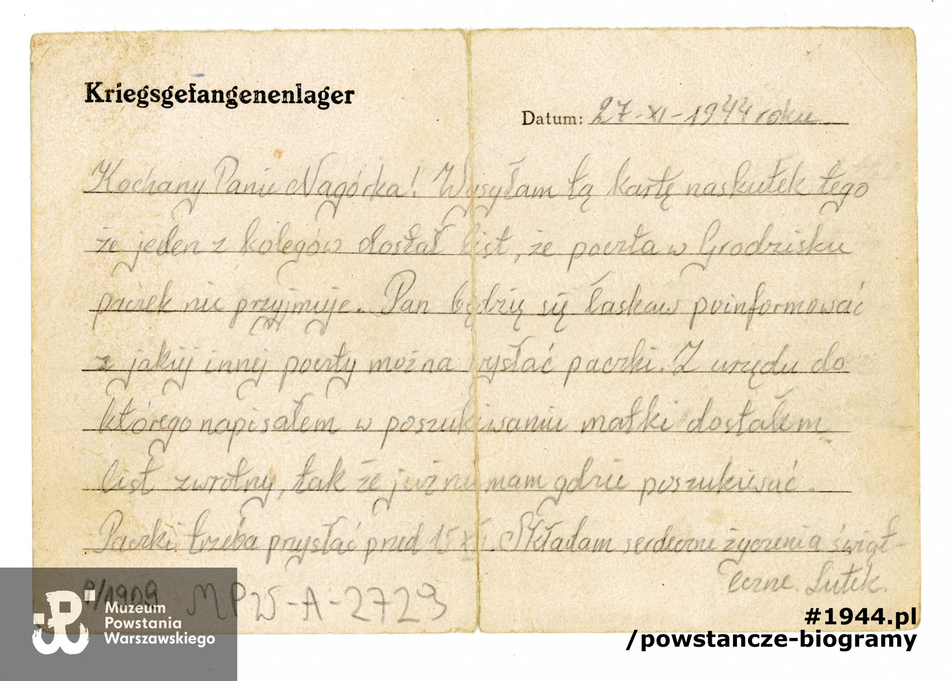 Korespondencja obozowa - ze zbiorów Muzeum Powstania Warszawskiego, sygn.  MPW-A/2728 (P/1909)