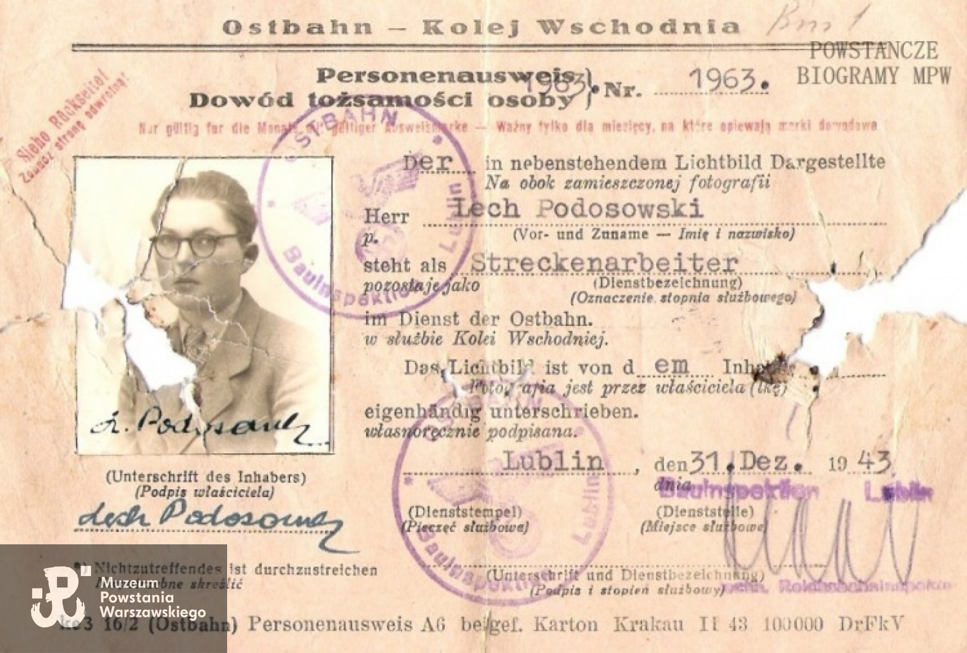 Dowód tożsamości  Włodzimierza Wagińskiego wystawiony na konspiracyjne nazwisko "Podosowski". Fot. archiwum rodzinne.
