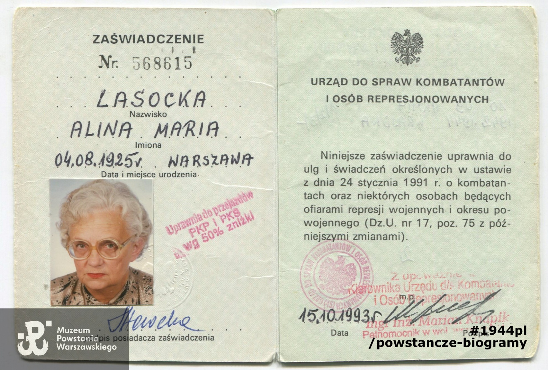 Zaświadczenie (legitymacja) UdsKiOR. Ze zbiorów rodzinnych, skan: materiały do Słownika Uczestników Powstania Warszawskiego - Pokój Kombatanta MPW