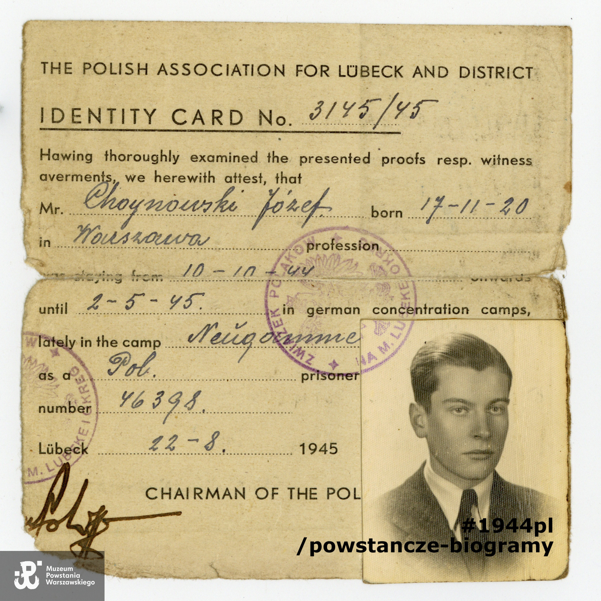Identity Card - 1945 r. Z archiwum rodzinnego p. Michała Choynowskiego, syna.