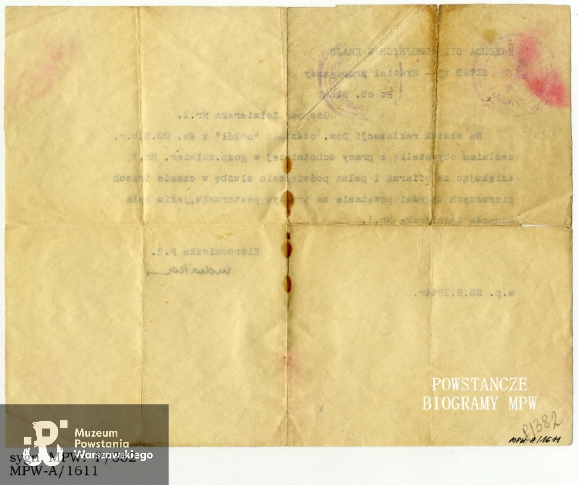 Dokument ze Sztabu VI (BIP) dostarczony do Stanisławy Marx "Siasi" za pośrednictwem Powstańczej Poczty Polowej, ze stemplem "Poczta Polowa - Warszawa Południe" - rewers. Ze zbiorów Muzeum Powstania Warszawskiego, dar Stanisławy Biłobran ps. "Siasia"