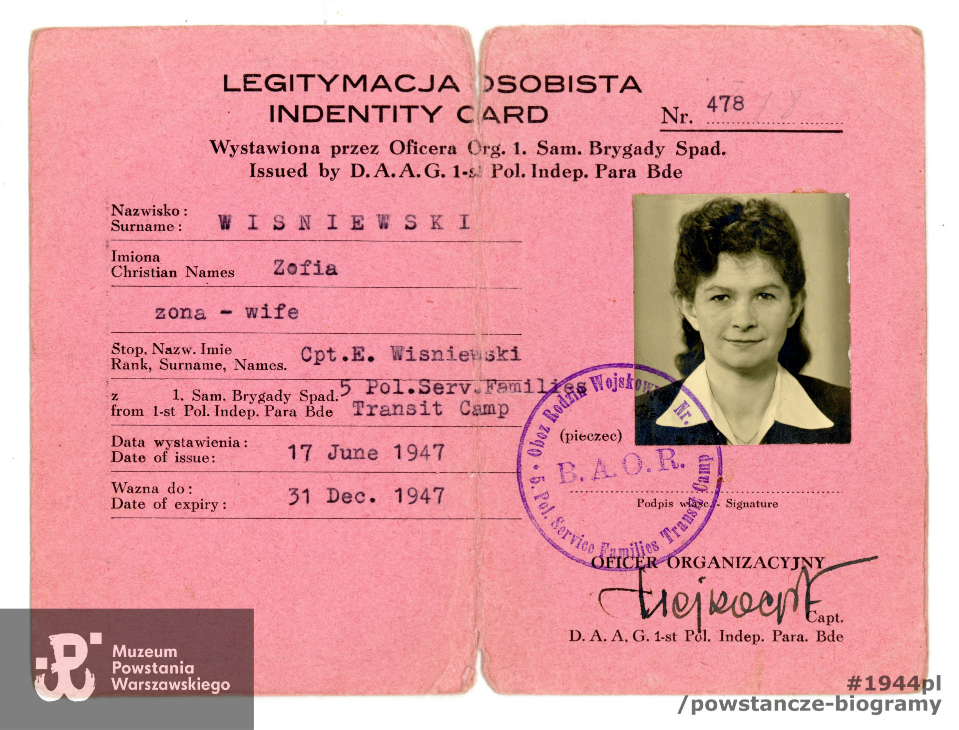 Dokument tożsamości (Identity Card) wystawiony na nazwisko Janina Kowalska. Ze zbiorów Muzeum Powstania Warszawskiego sygn. P/7948/14, dar p. Krystyny Rachwał