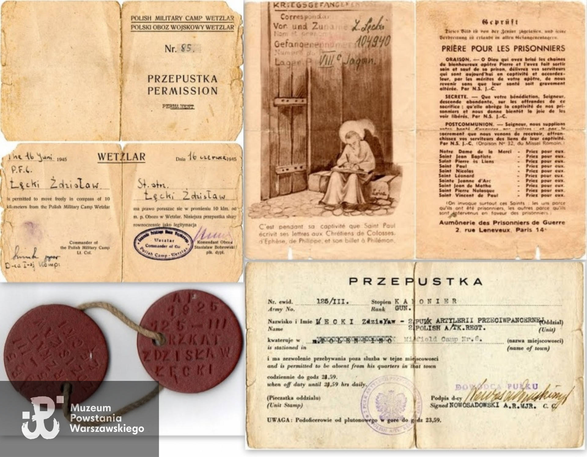 Przepustki i pamiątki, w tym : przepustka z Polskiego obozu wojskowego w Wetzlar, nieśmiertelnik Zdzisława Łęckiego w 2 Pułku Artylerii Przeciwpancernej i pamiątkowy obrazek z obozu jenieckiego w Żaganiu.