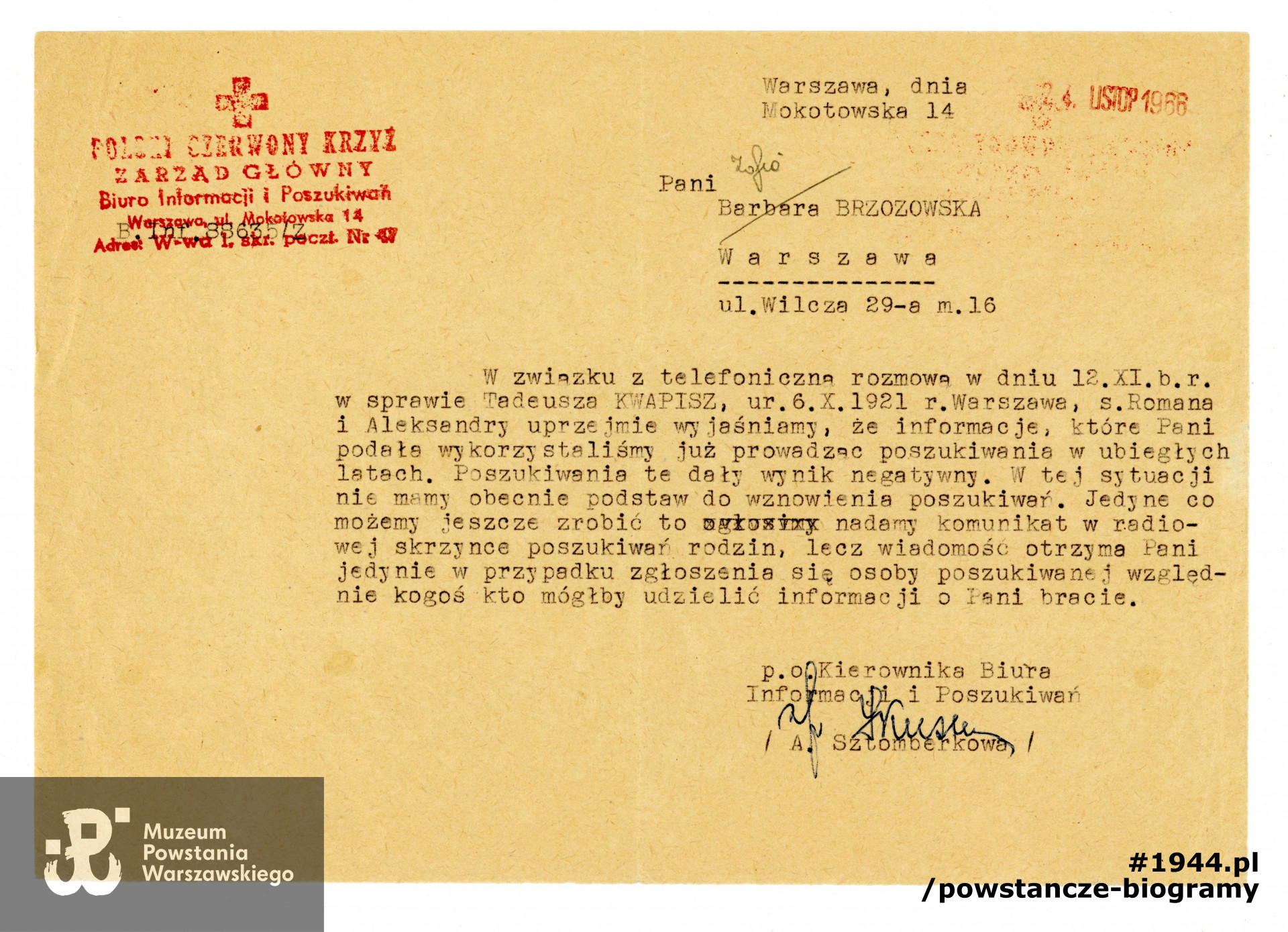 Korespondencja z Czerwonym Krzyżem - ślad poszukiwań prowadzonych po wojnie przez rodzinę.  Z archiwum rodzinnego