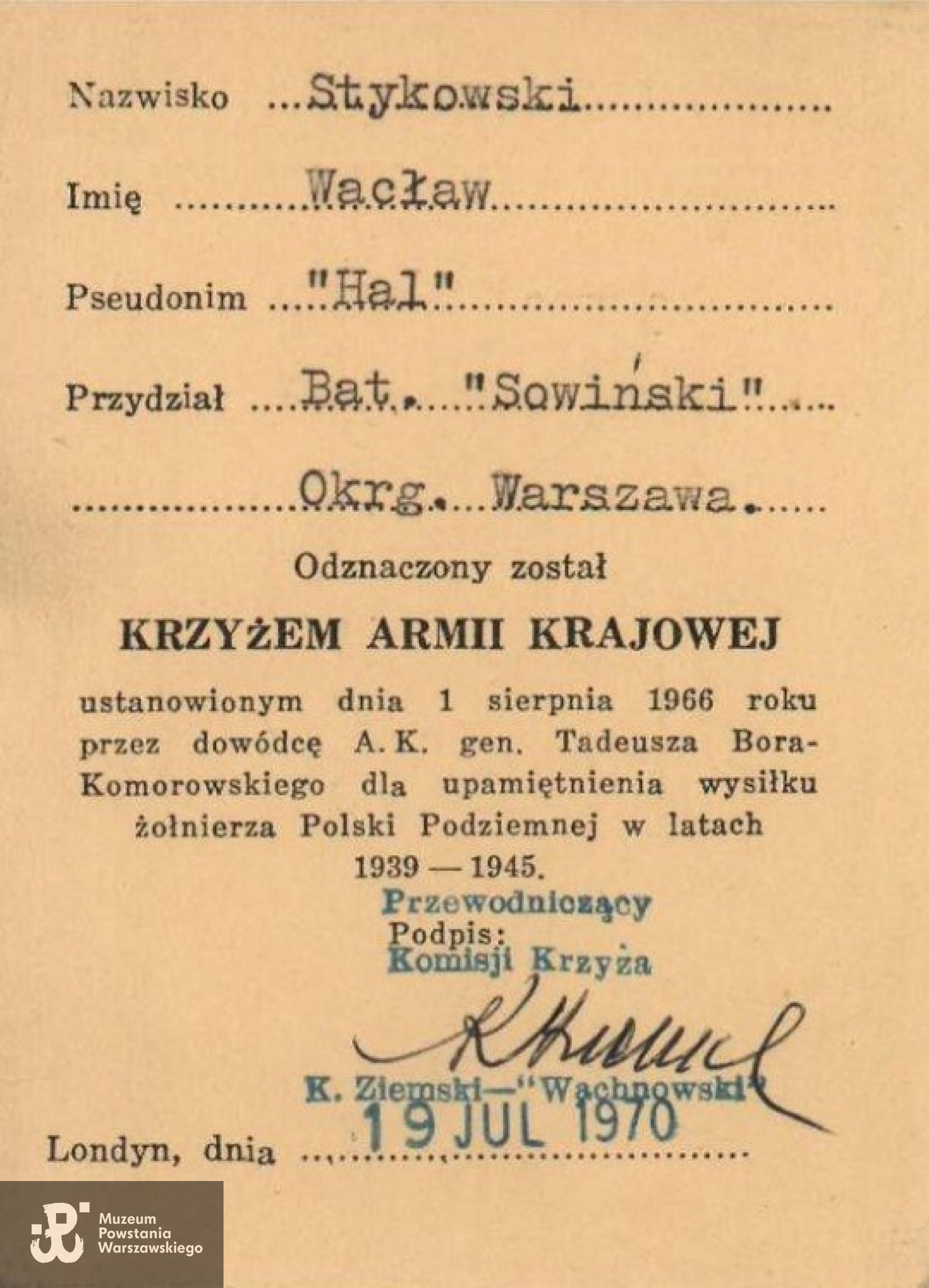 Legitymacja odznaczeniowa ze zbiorów syna, Jacka Stykowskiego