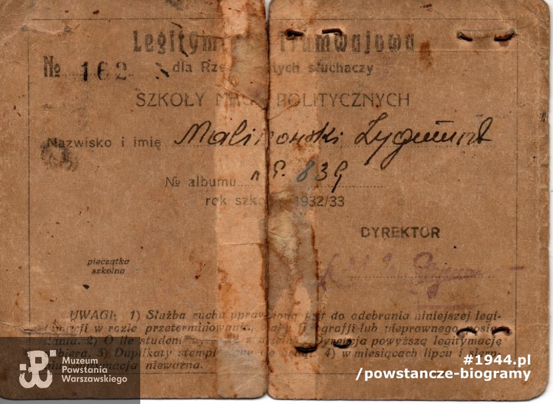 Należąca do Zygmunta Malinowskiego legitymacja tramwajowa dla słuchaczy Szkoły Nauk Politycznych. Ze zbiorów rodzinnych p. Ryszarda Malinowskiego.