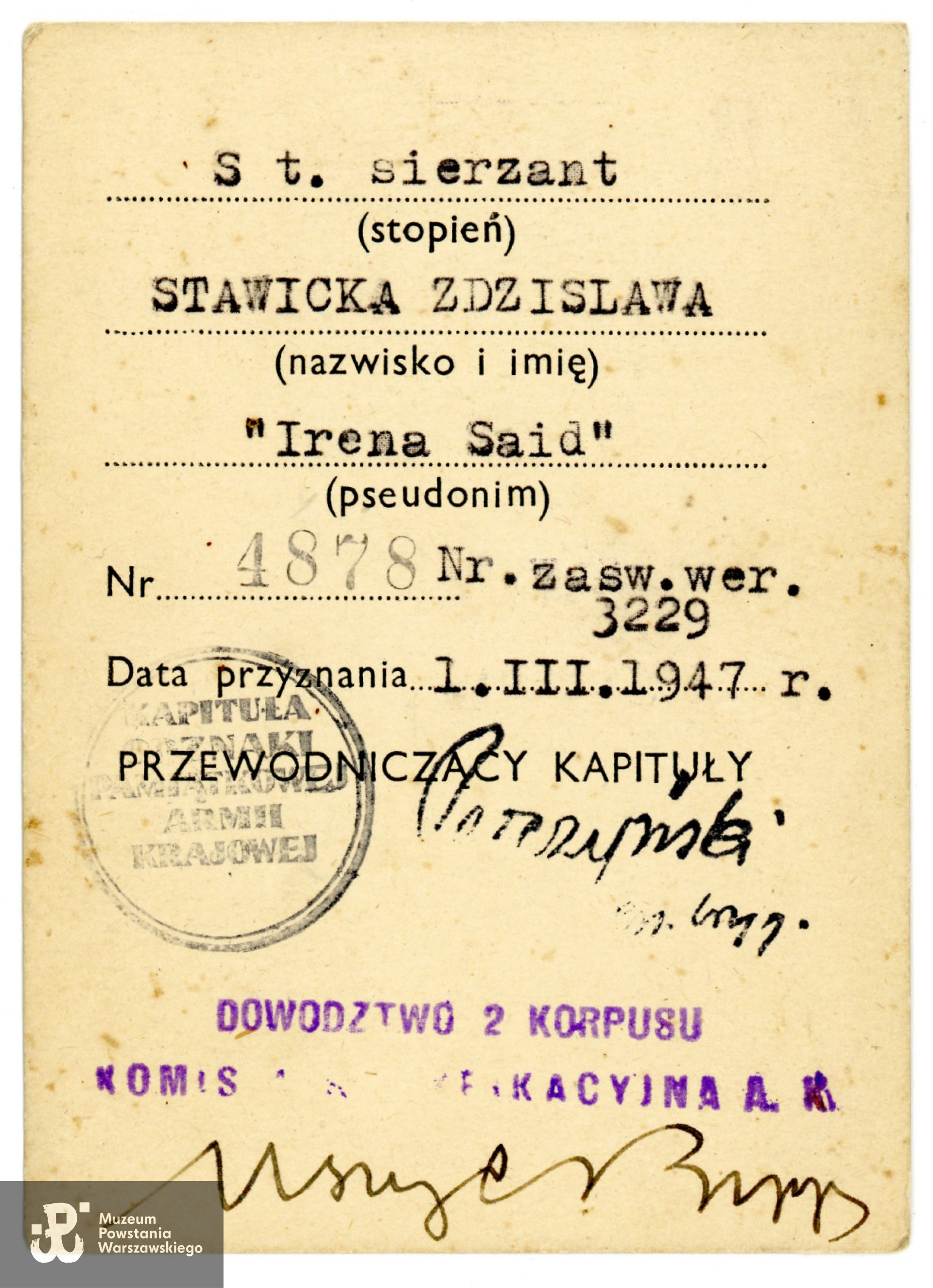 Legitymacja Odznaki Pamiątkowej Armii Krajowej (1947)