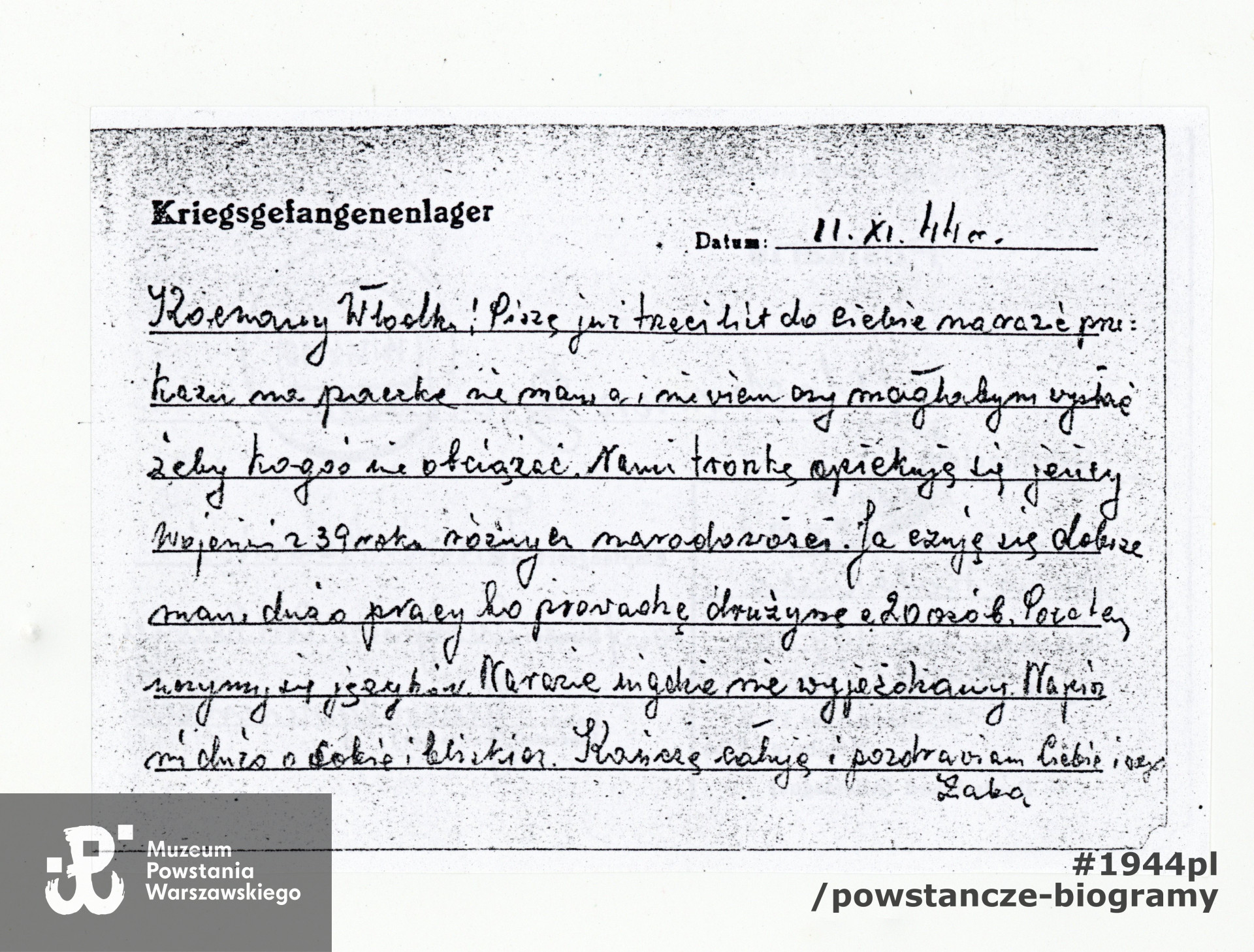 Korespondencja obozowa - list Janiny Kolasińskiej do Włodzimierza Bieńkowskiego