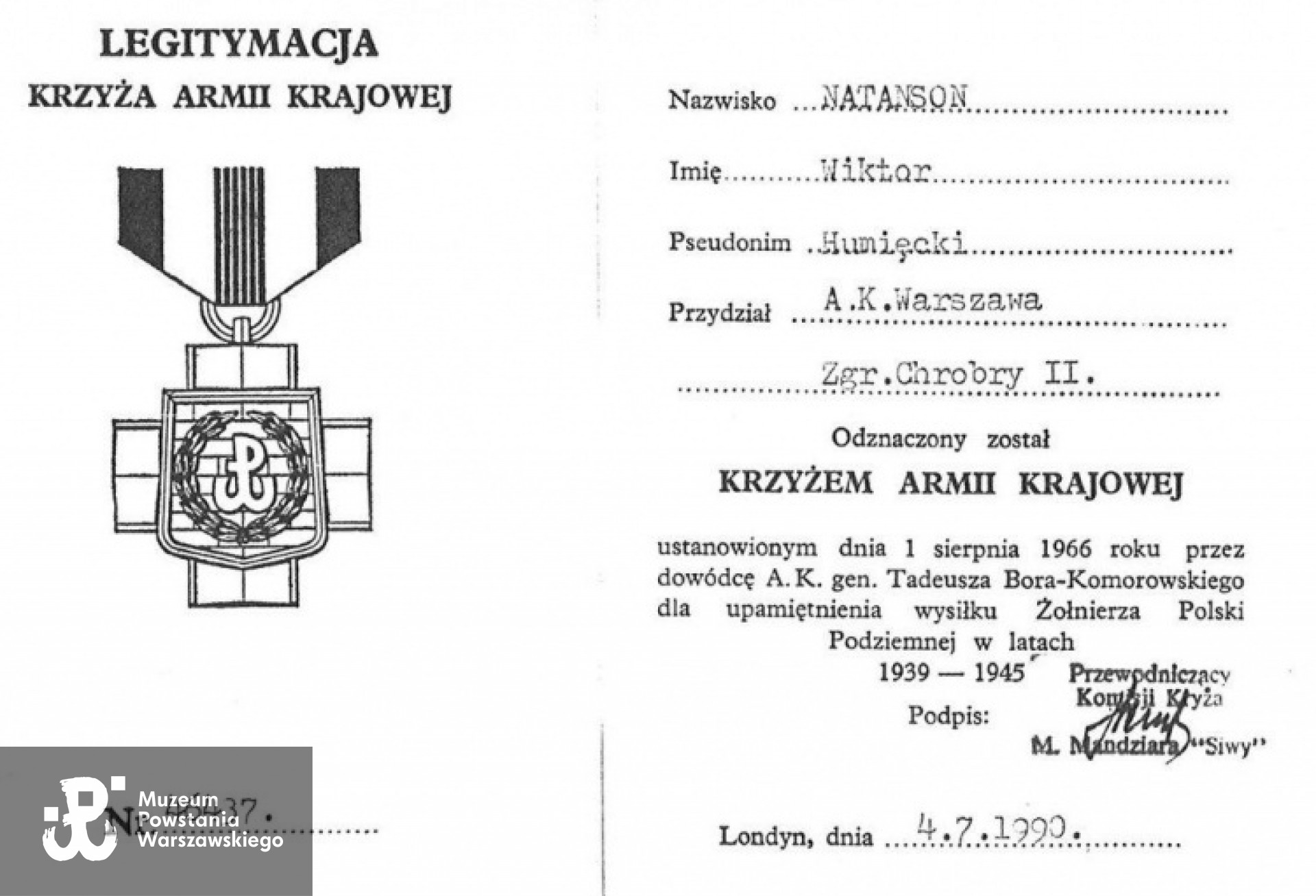 Legitymacja Krzyża Armii Krajowej  -  Londyn  1990