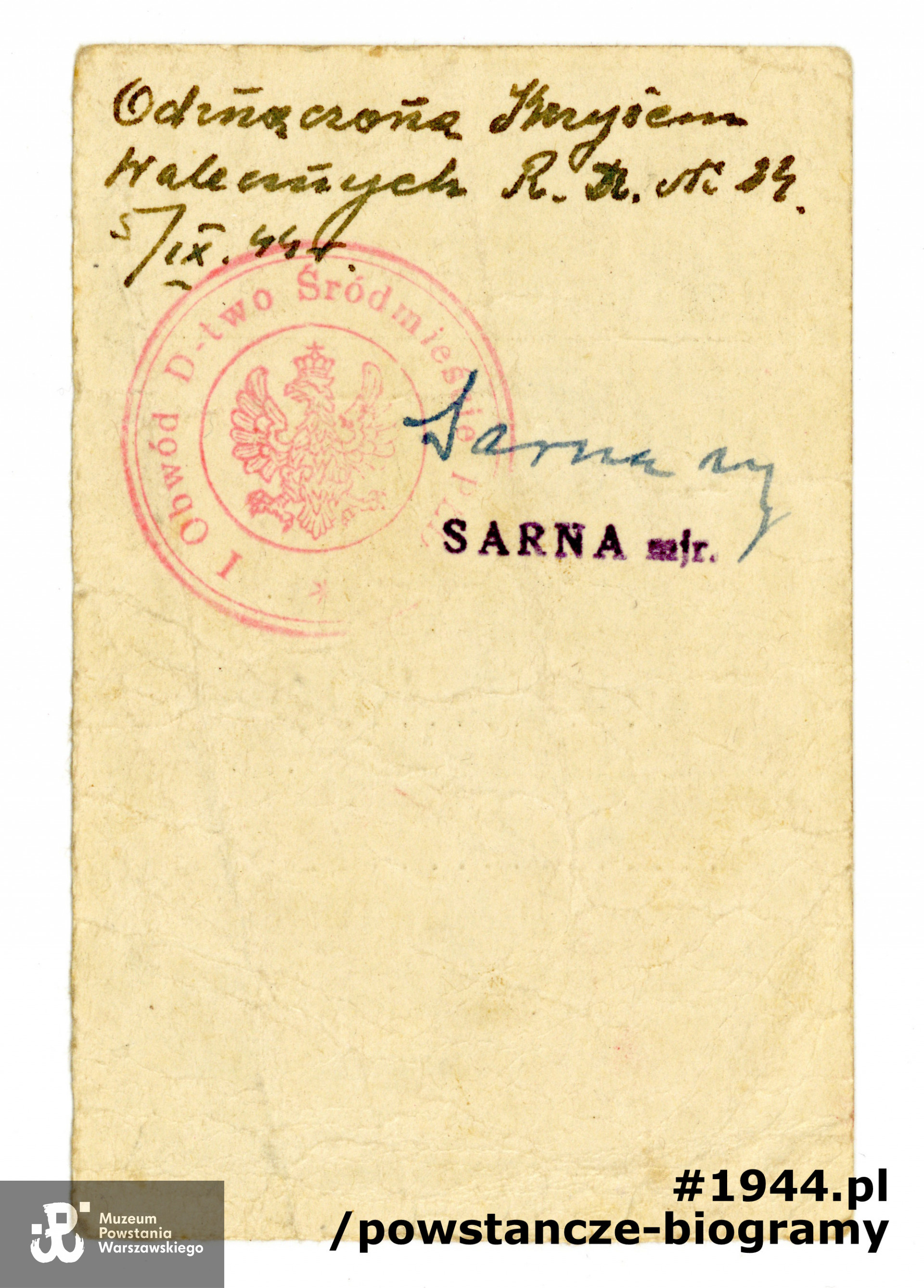 Legitymacja tymczasowa AK - rewers. Ze zbiorów Muzeum Powstania Warszawskiego, sygn. P/4337