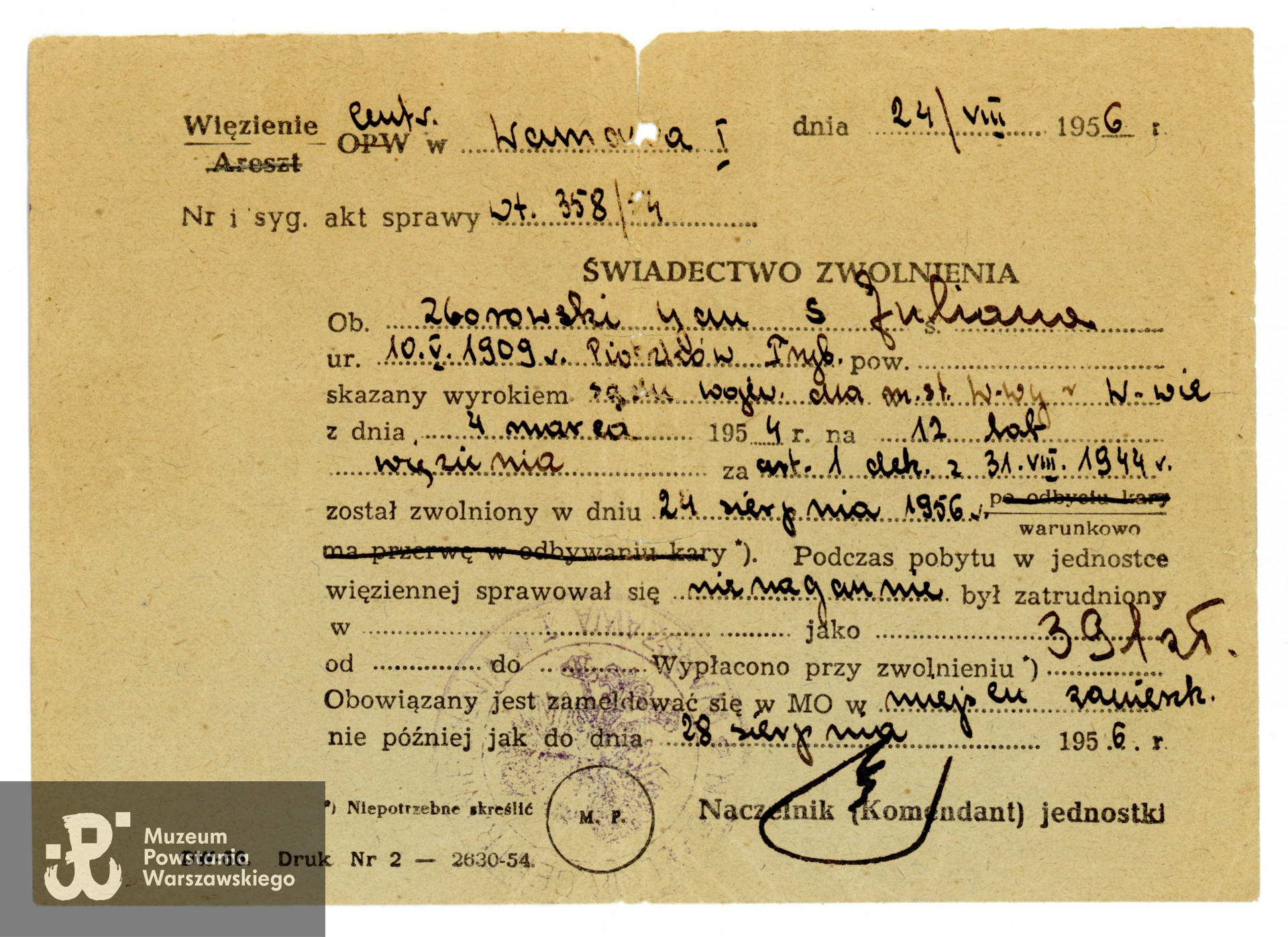 Świadectwo zwolnienia z więzienia, 24 sierpnia 1956 roku.  Ze zbiorów  p. Elżbiety Zborowskiej - Pulchny, obecnie przekazane do zbiorów Muzeum Powstania Warszawskiego, sygn. P/9794