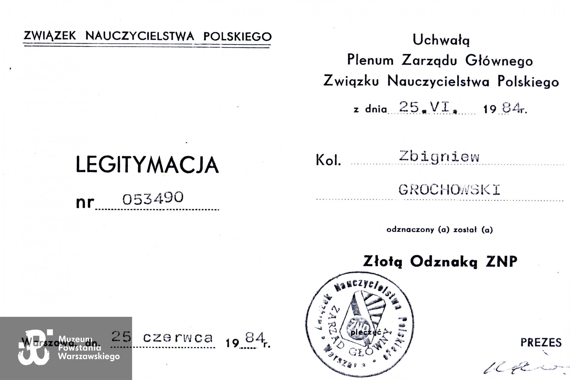 Muzeum Powstania Warszawskiego, Teczki personalne uczestników Powstania Warszawskiego: Grochowski Zbigniew