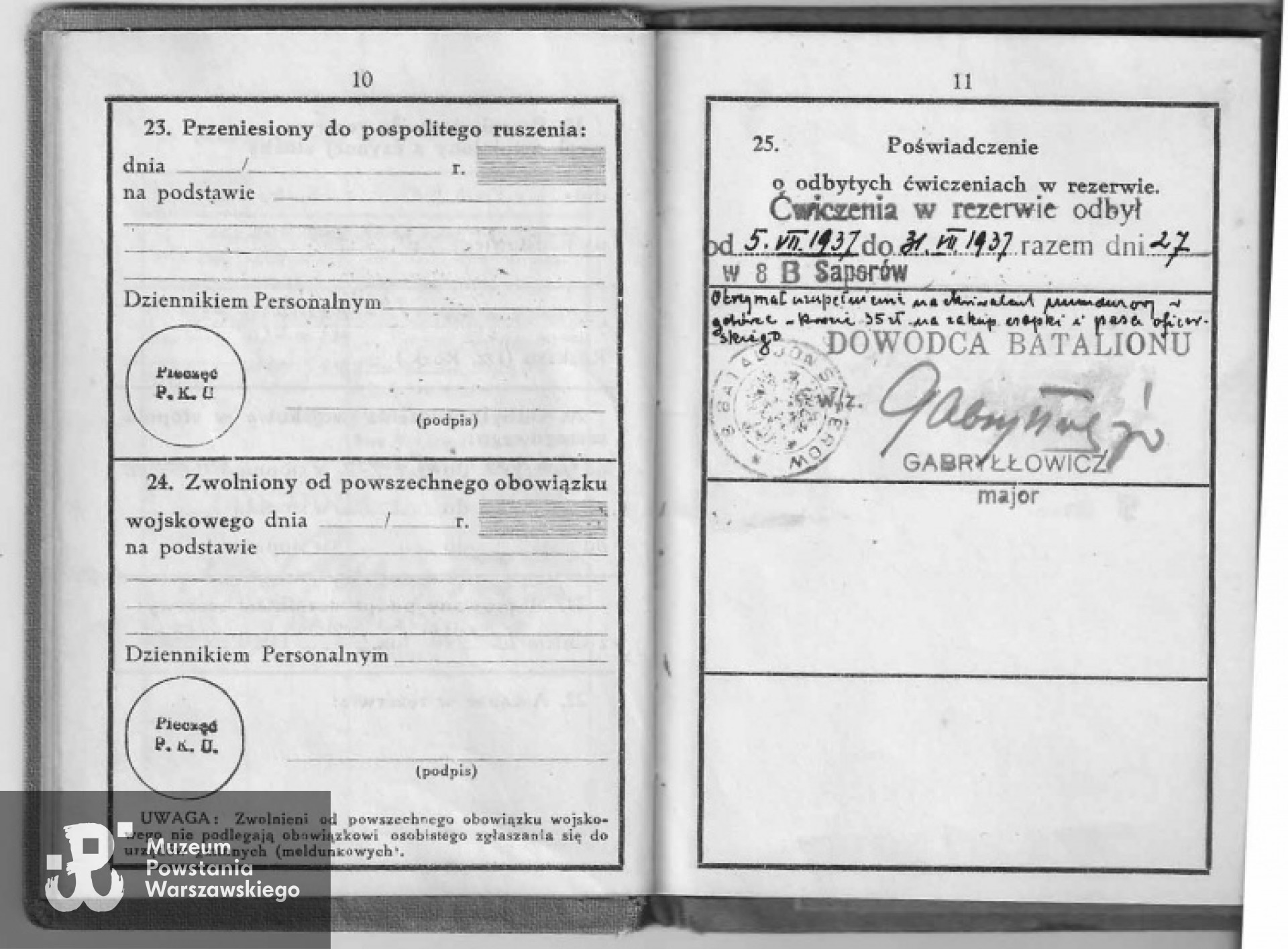 Książeczka Stanu Służby Oficerskiej - Poświadczenie odbytych ćwiczeń rezerwy