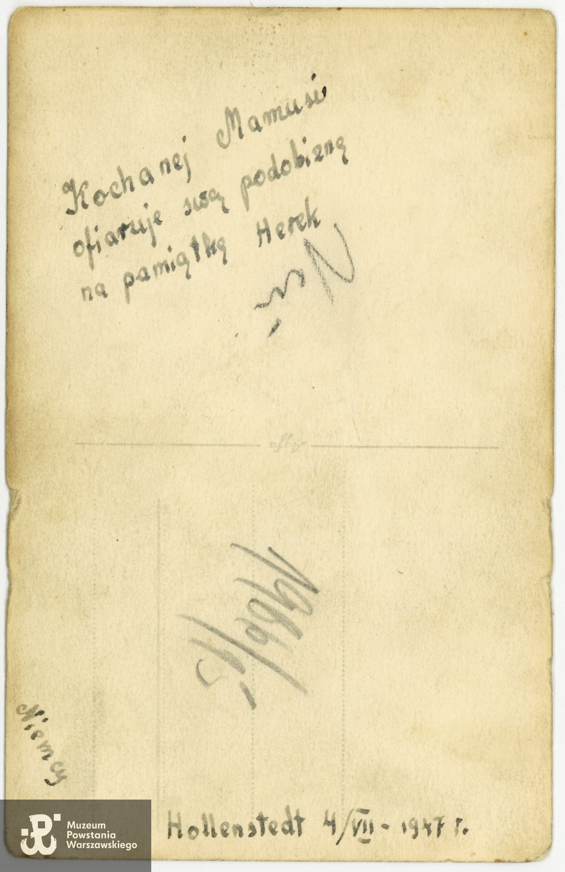 Hollenstedt (Dolna Saksonia)  - dedykacja dla matki: <i>Kochanej Mamusi ofiaruje swą podobiznę na pamiątkę. Herek. </i>Fot. z archiwum rodzinnego p. Ewy Rytter