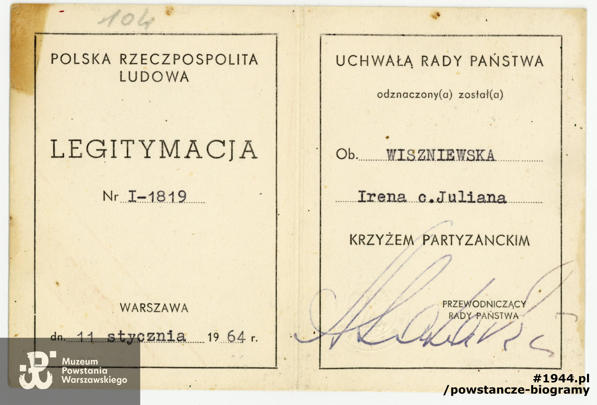 Krzyż Partyzancki - legitymacja. Z archiwum rodzinnego córki, p. Joanny Brejnak