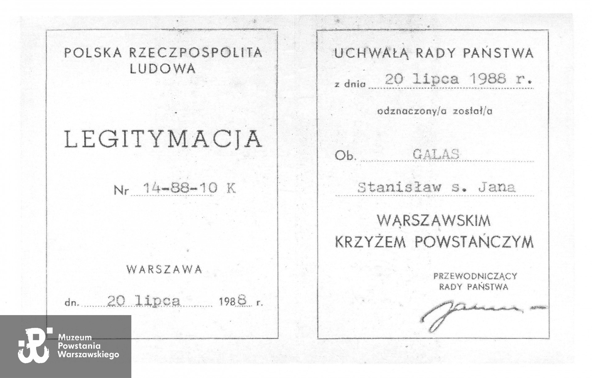 Muzeum Powstania Warszawskiego, Teczki personalne uczestników Powstania Warszawskiego: Galas Stanisław „Ziemba”, zasób Pokoju Kombatanta MPW