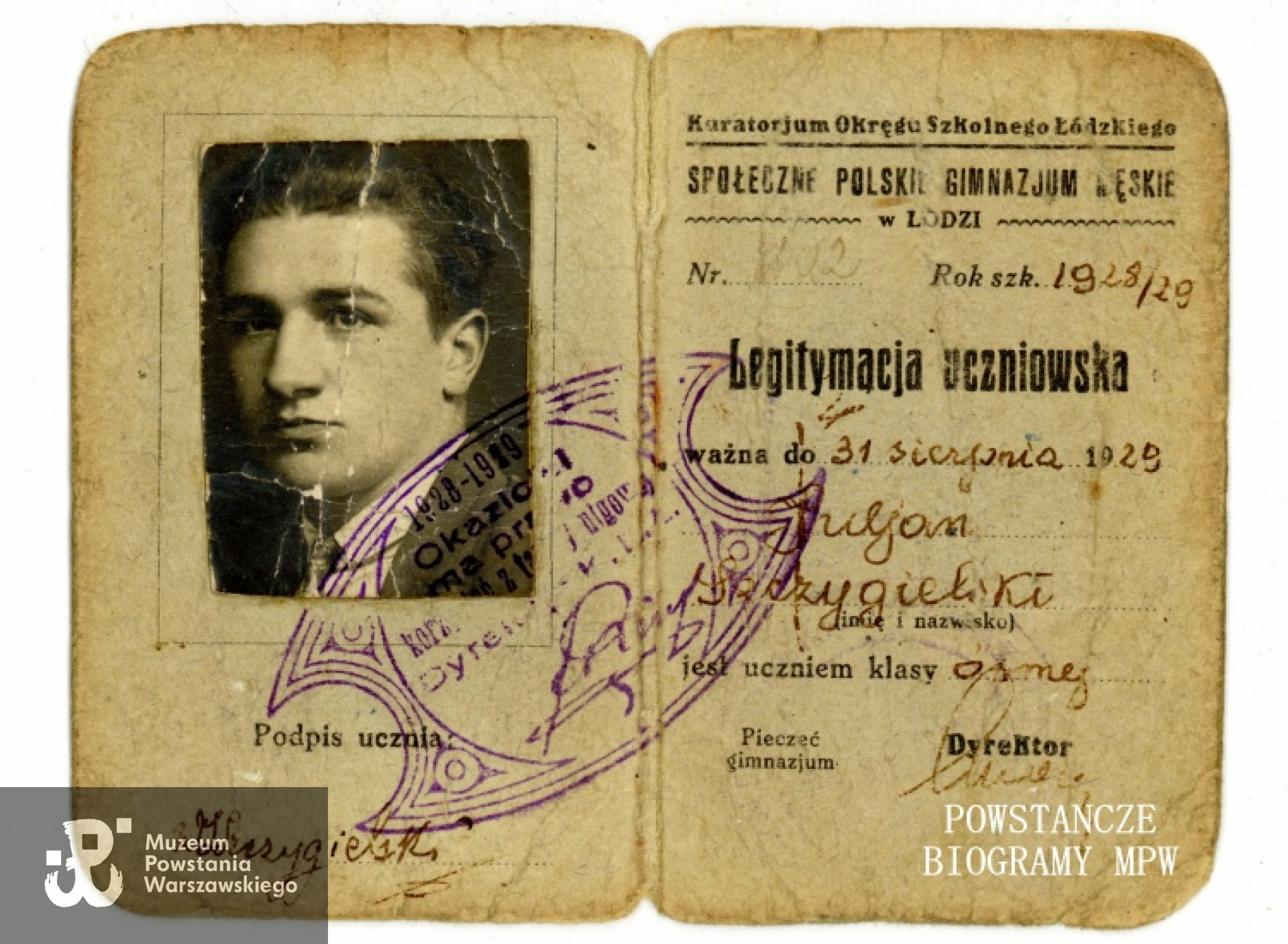 Legitymacja szkolna na rok 1928/1929. Ze zbiorów Muzeum Powstania Warszawskiego, sygn. P/5450
