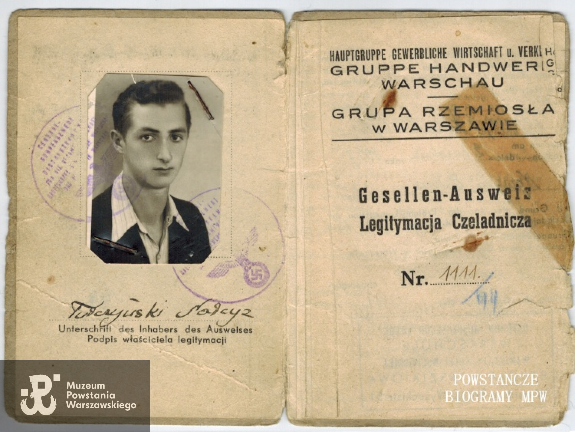 Legitymacja czeladnicza Narcyza Turczyńskiego. Z archiwum rodzinnego Dariusza Bogdana Turczyńskiego.