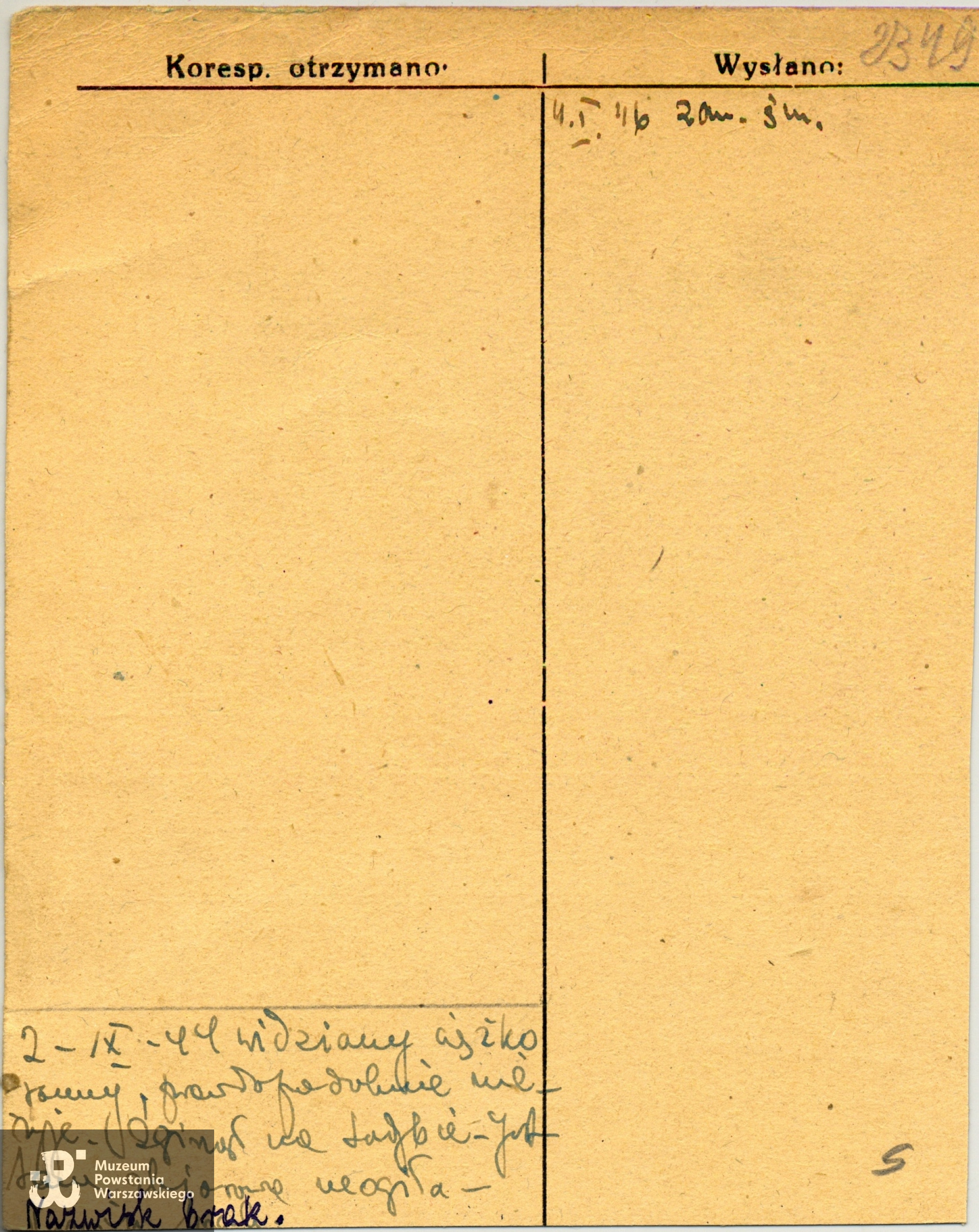 Polski Czerwony Krzyż - kartoteka poszukiwań, Lista strat 2349 - depozyt z ekshumacji, nr  3578, pobrany w dniach 8-9.09.1944 od poległych na Forcie Sadyba na Czerniakowie.