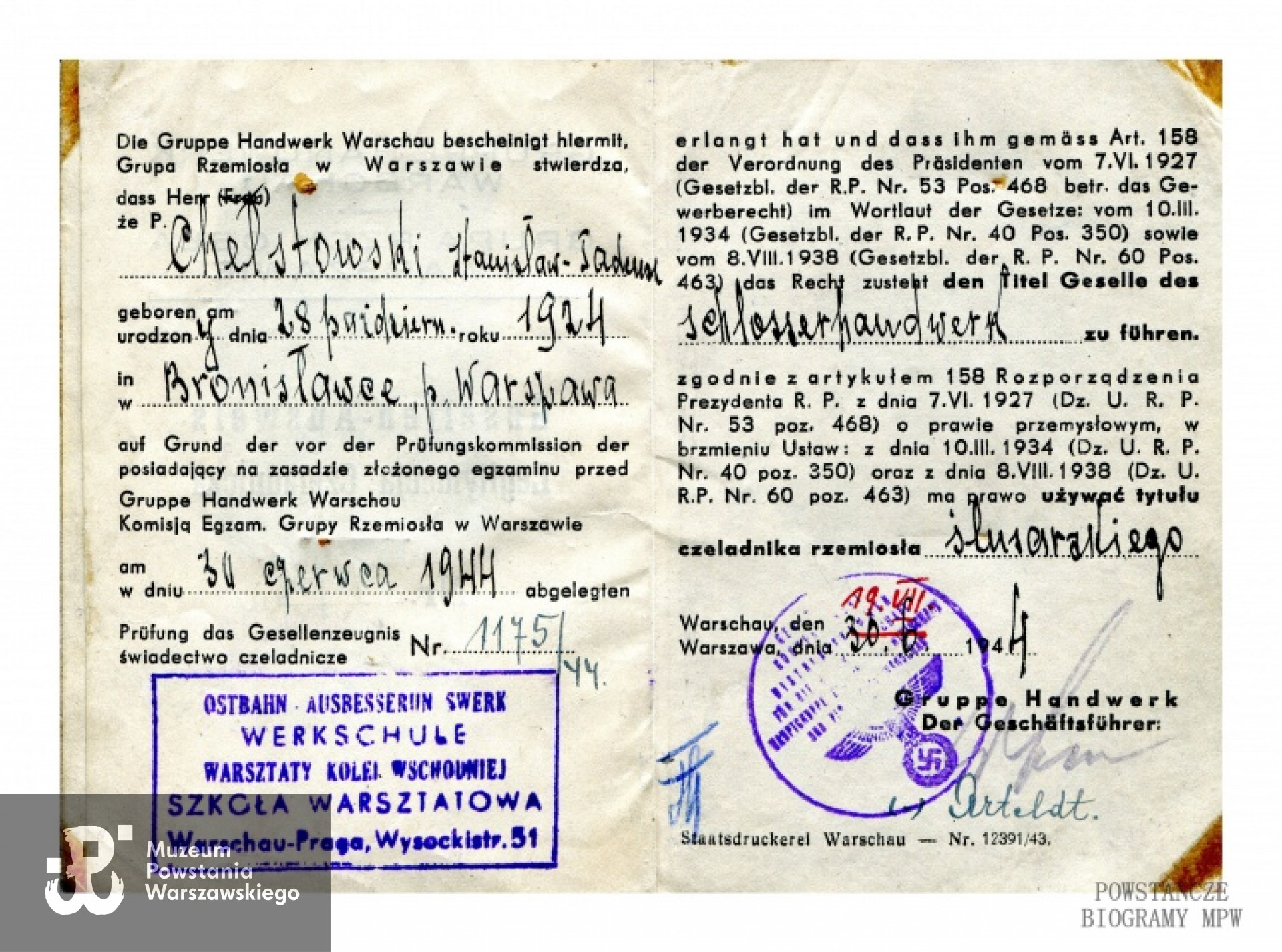 Legitymacja czeladnicza - czerwiec 1944. Fot. ze zbiorów  Kingi Nettmann-Multanowskiej