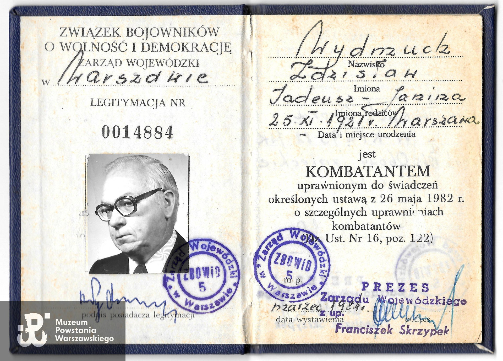 Należąca do Zbigniewa Wypycha legitymacja ZBoWiD.  Obecnie w zbiorach  prywatnych, skan udostępnił p. Sebastian Chłopik