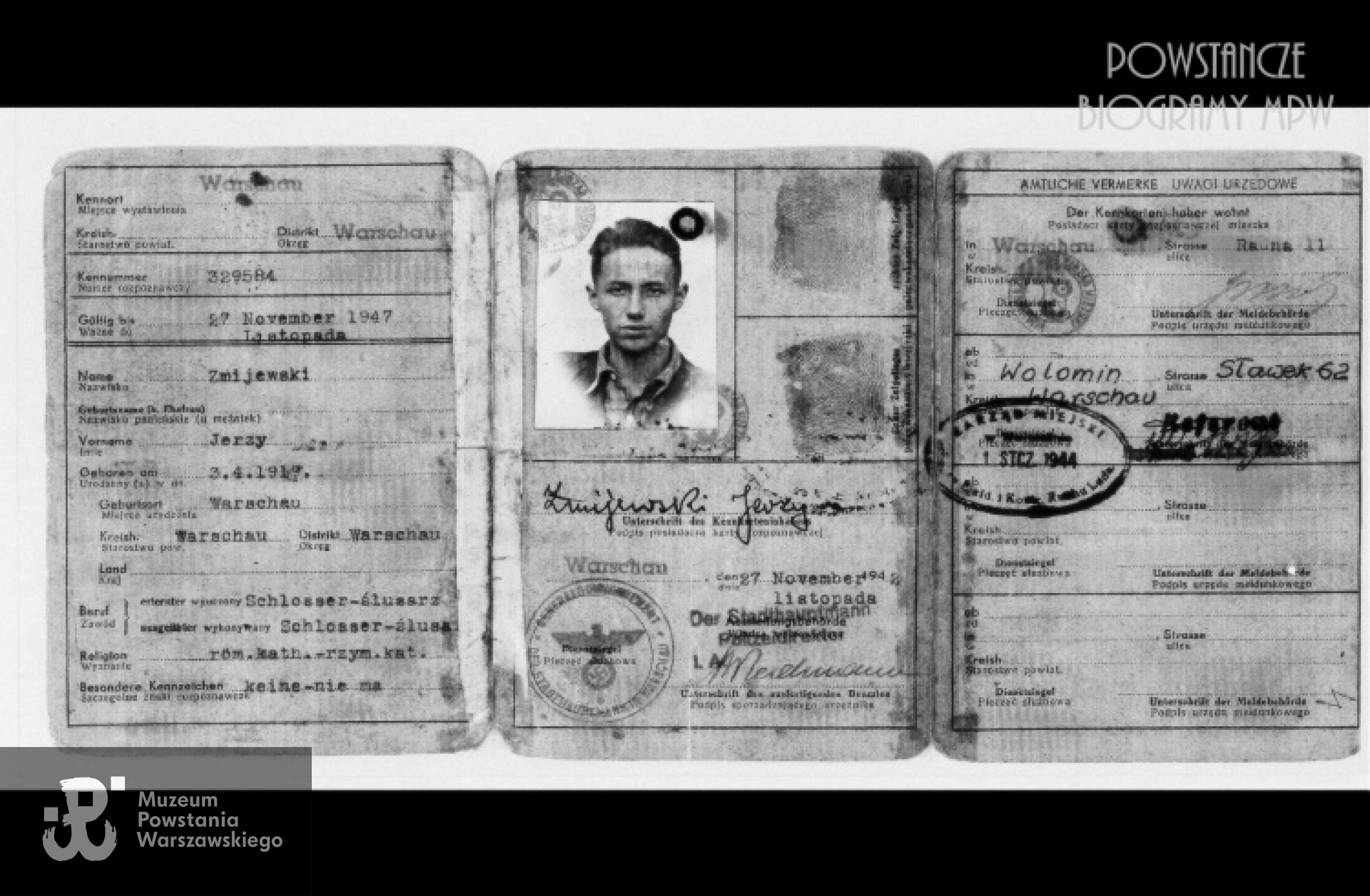 Fałszywa kenkarta Jerzego Nachtmana wystawiona na konspiracyjne nazwisko <i>Jerzy Żmijewski</i> Fot. AR MPW