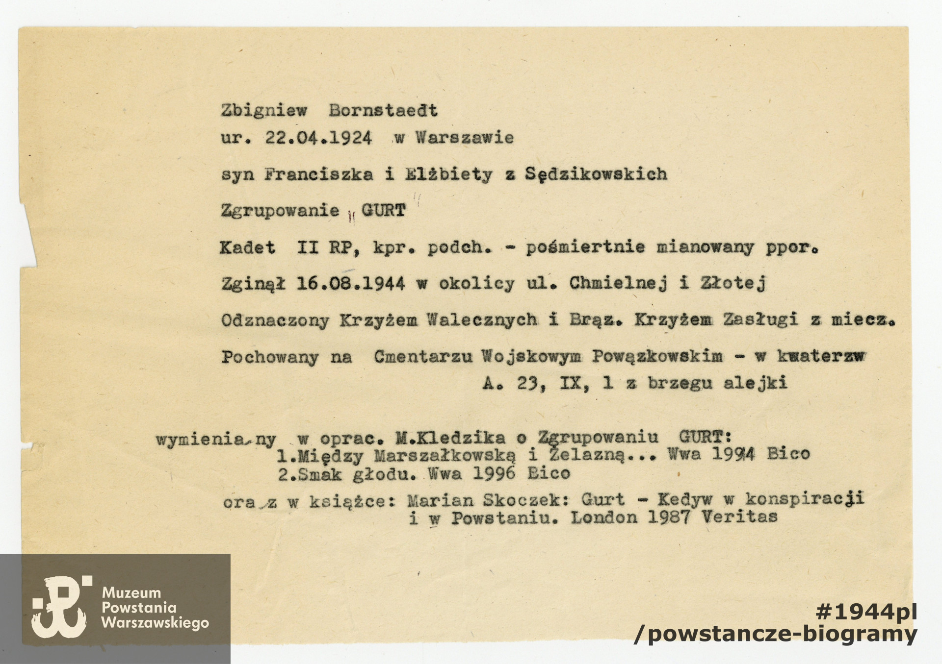 Materiały do Słownika Biograficznego Uczestników PW, notatkę udostępniła p. Izabela Kuczyńska