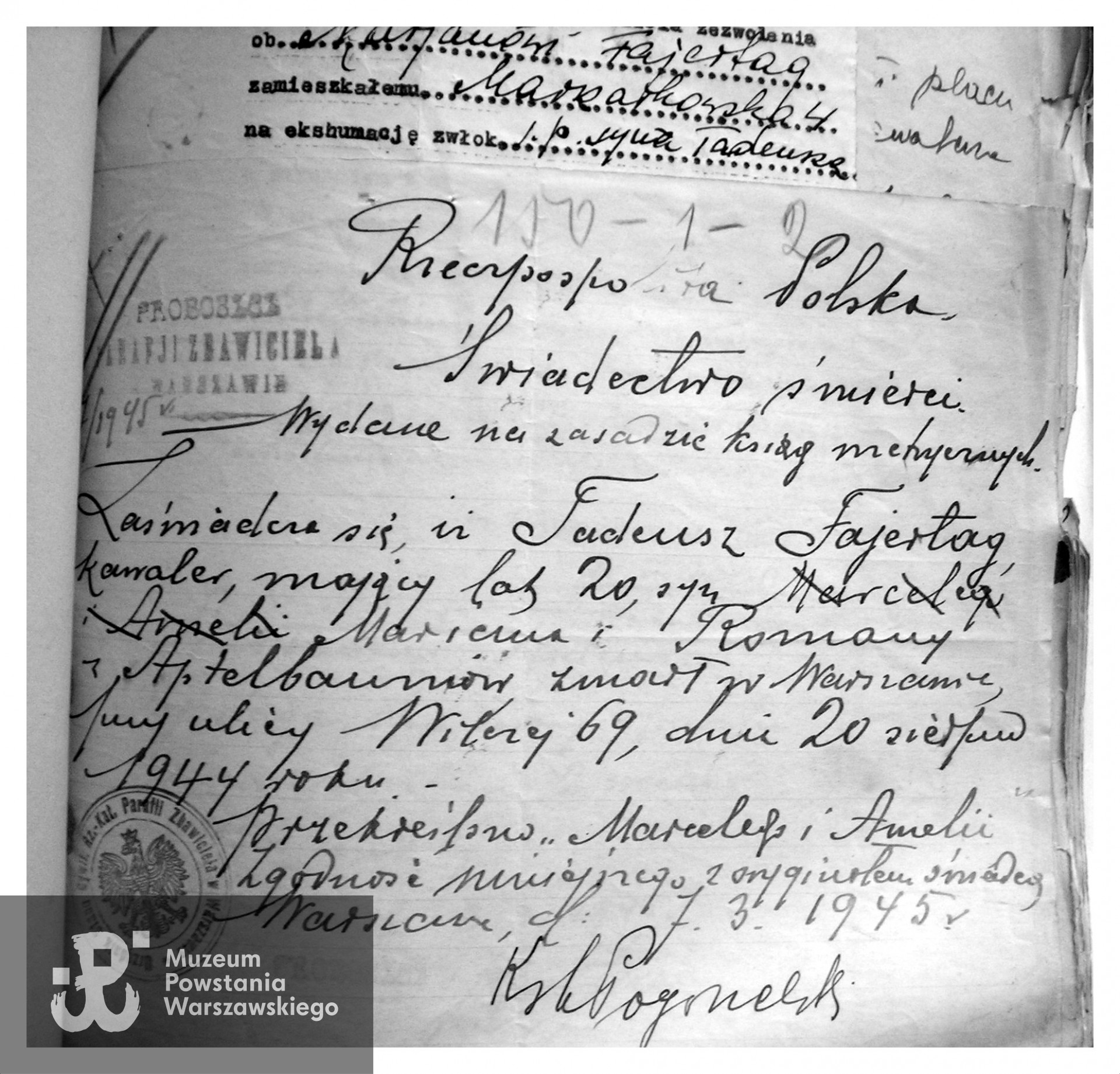 Świadectwo śmierci na zasadzie ksiąg metrykalnych  wystawione przez ówczesnego proboszcza  parafii Św. Zbawiciela w Warszawie, 7.03.1945.