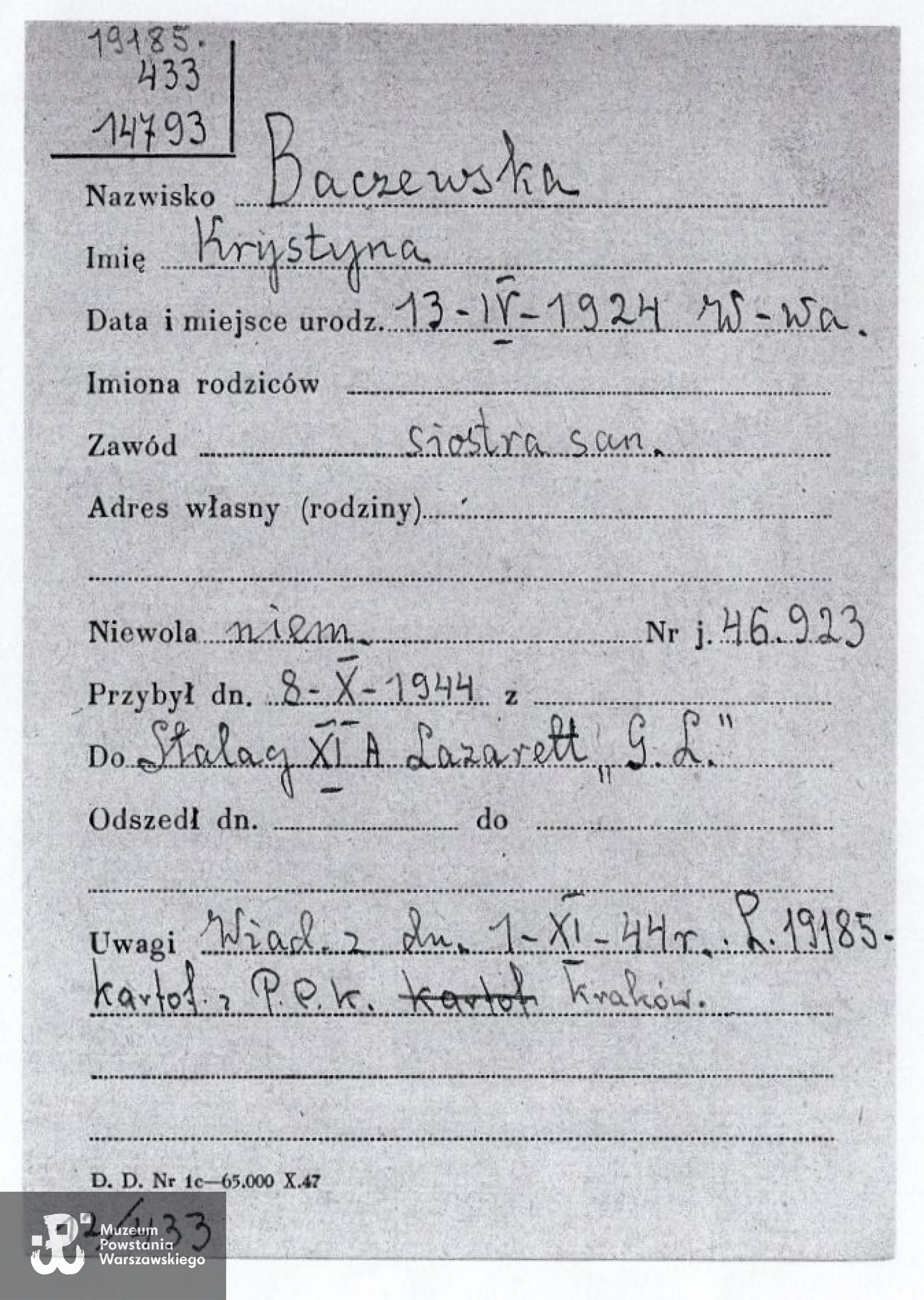 Muzeum Powstania Warszawskiego,  Teczki personalne uczestników Powstania Warszawskiego: Baczewska Krystyna