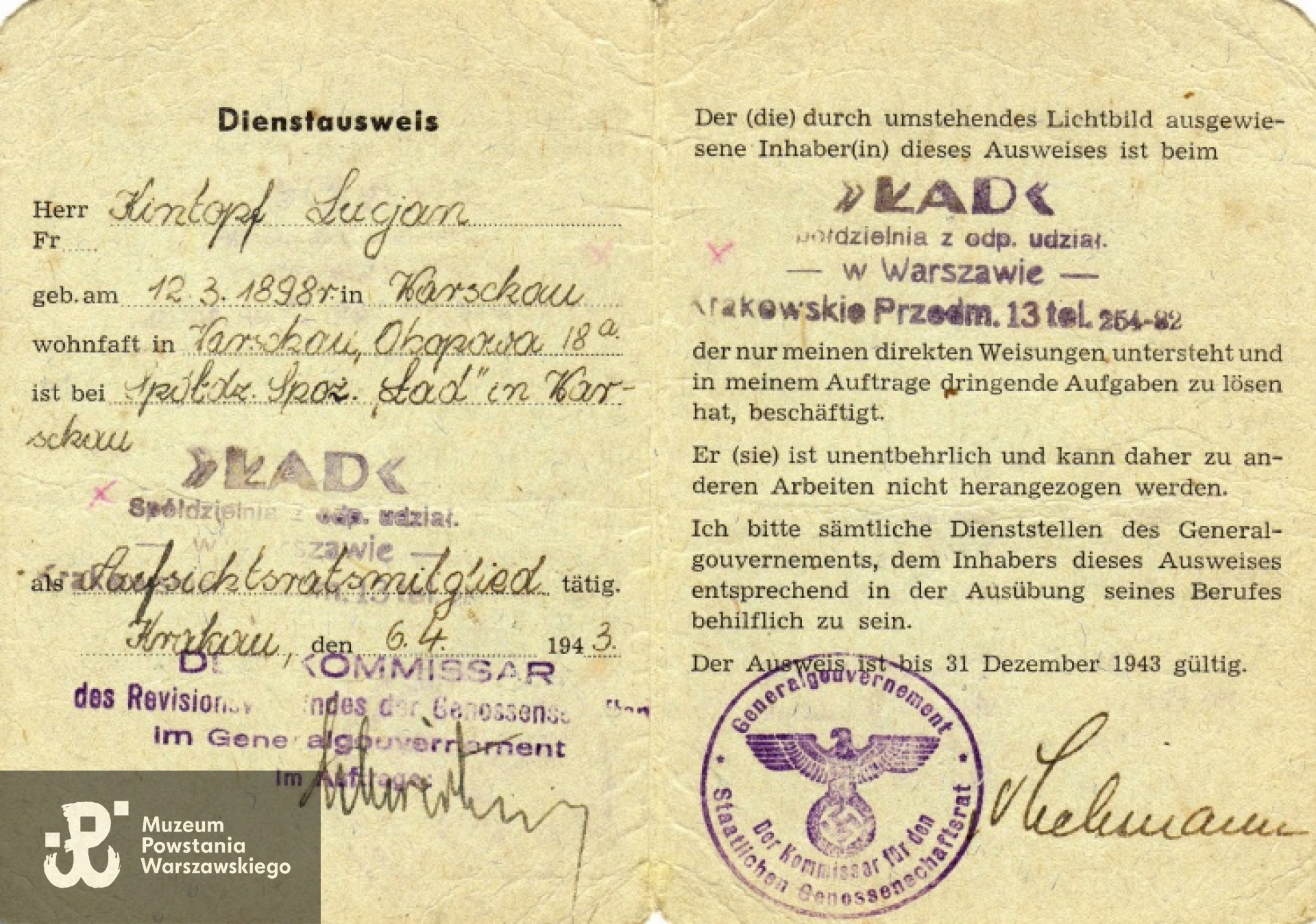 Ze zbiorów rodzinnych, skan udostępnił p. Piotr Kintopf, syn Powstańca (2012)