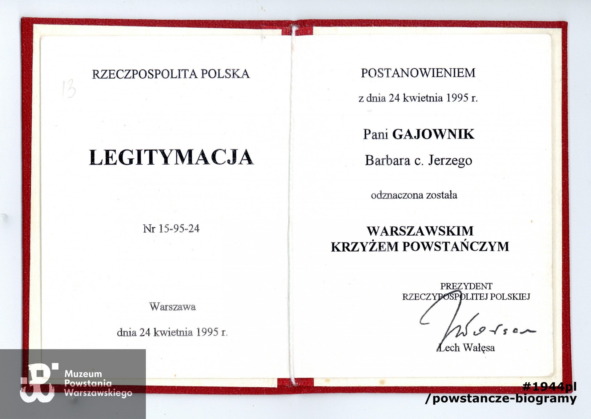 Legitymacja odznaczeniowa - Warszawski Krzyż Powstańczy